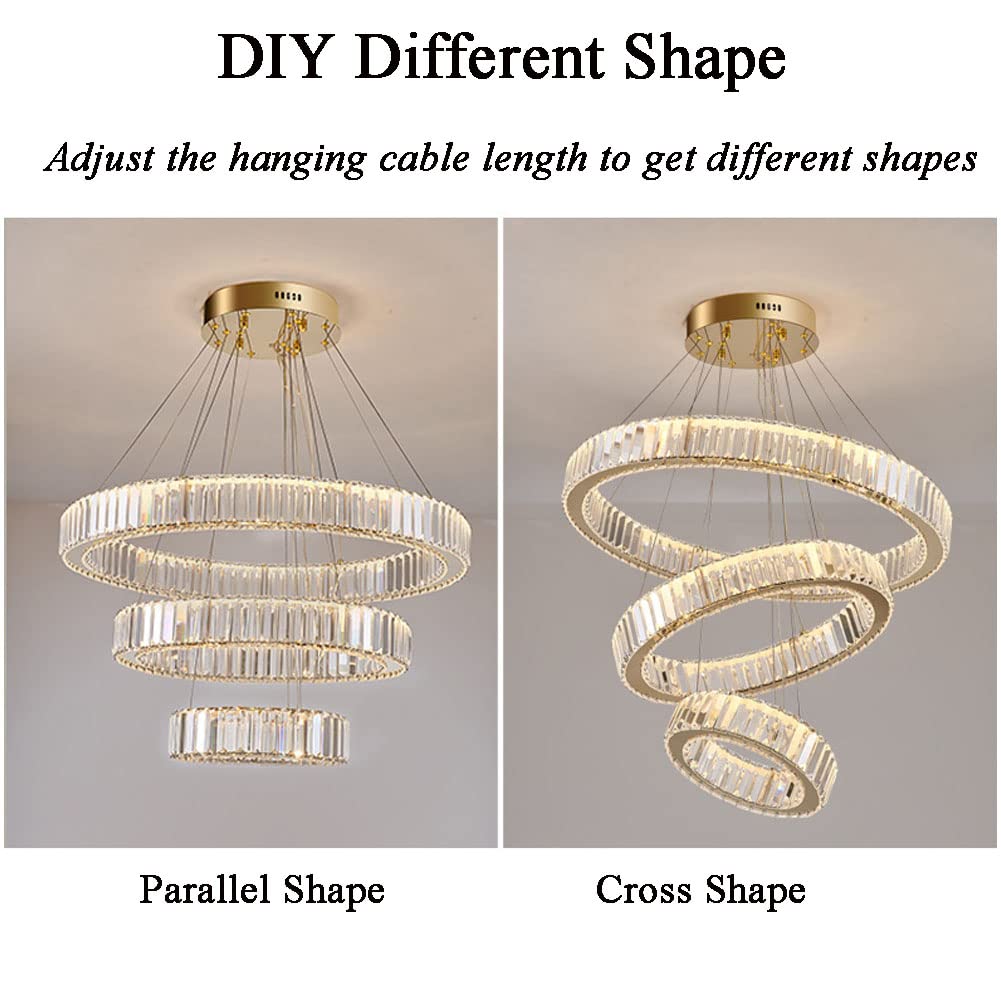 Modern Crystal Chandelier - 3 Ring LED Gold Pendant Light with Adjustable Stainless Steel Hanging Fixture, Warm White Light for Living Room Bedroom Dining Room | Elegant Home Decor & Wedding Venue Lighting