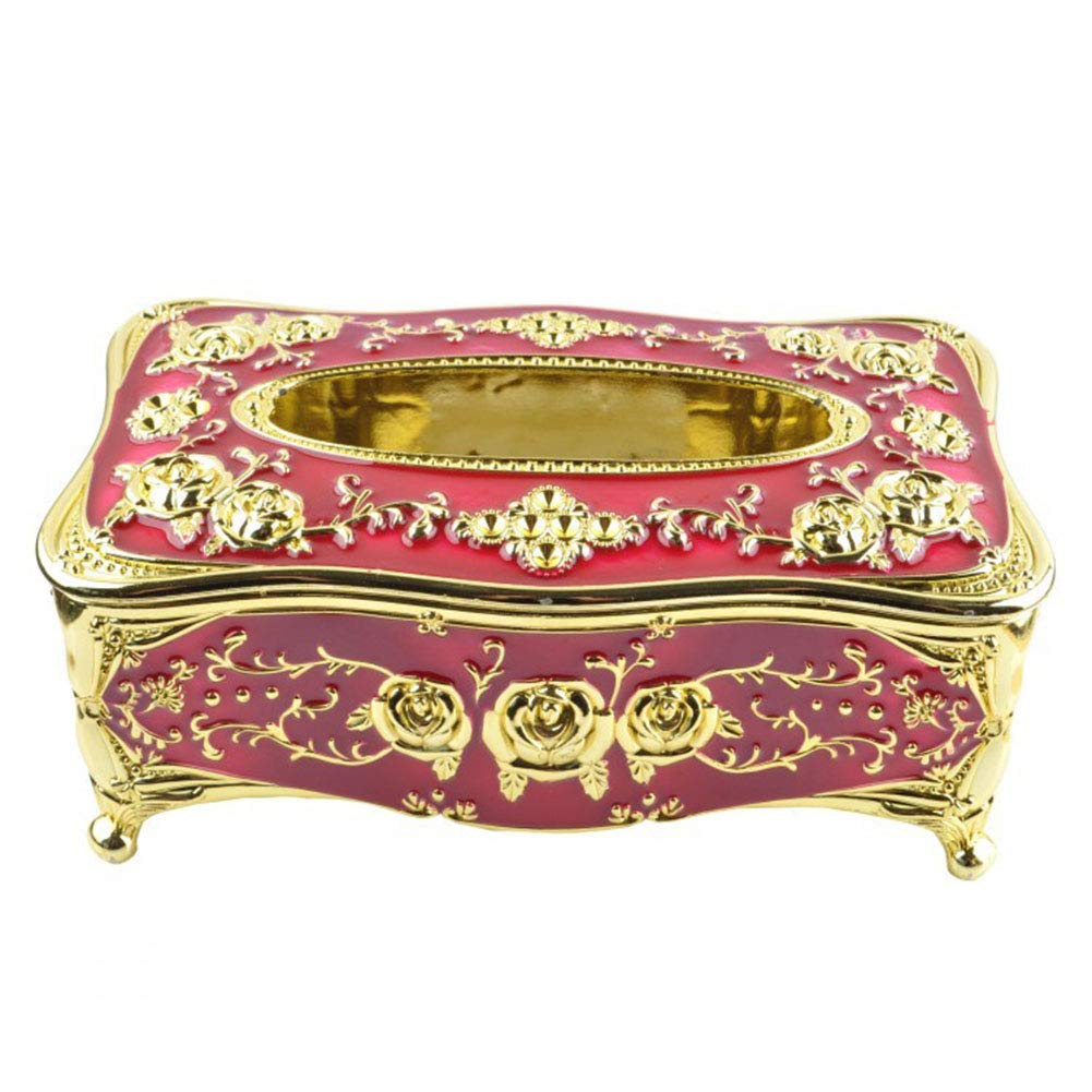 Shining Diamond Engraved Rose Tissue Box Cover - European Style Rectangular Napkin Holder for Table, Office, Bathroom, Home, Travel & Restaurant - Golden Red - Perfect for Home Decor, Wedding Gifts & Luxury Interior Design