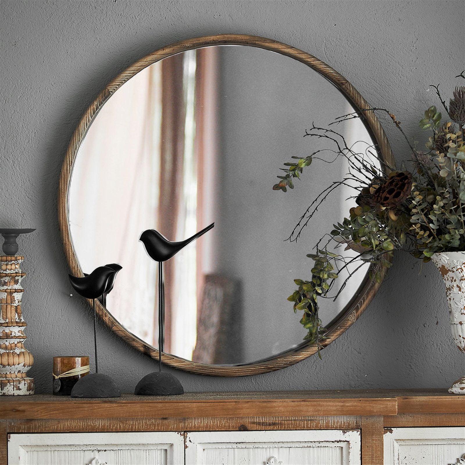 Round Grove Mirror 700mm - Natural Wood Frame by Urban Style - Perfect for Living Room, Bedroom & Bathroom Decor