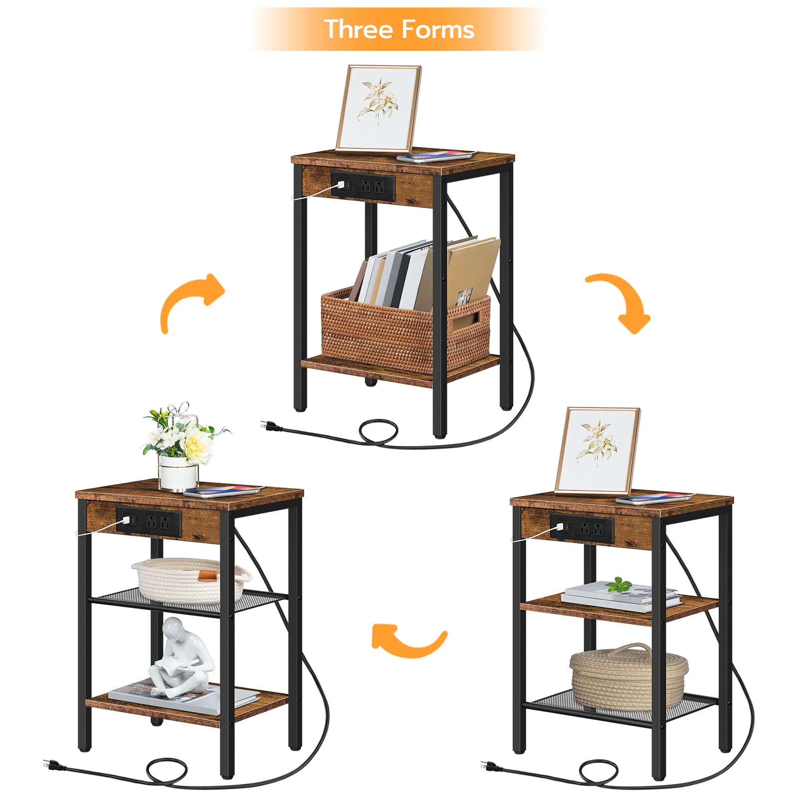 HOOBRO 2-Piece End Table Set with Charging Station & USB Ports, 3-Tier Adjustable Shelf Nightstand - Space-Saving Side Tables for Living Room, Bedroom - Rustic Brown BF112BZP201 | Perfect for Small Spaces, Apartment Decor & Bedside Organization