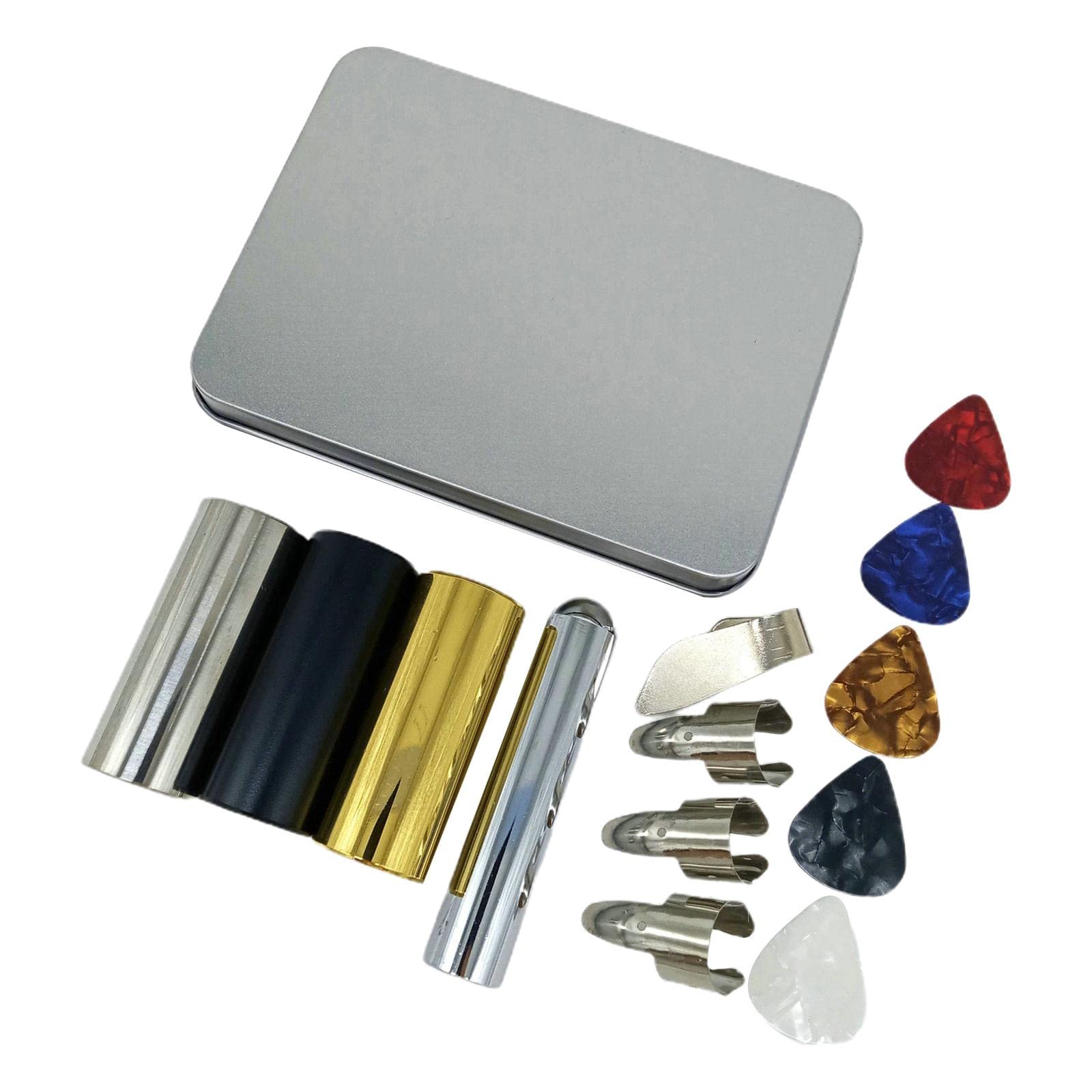 Colaxi 14x Guitar Slide Bar - Stainless Steel Finger Tubes & Thumb Picks with Iron Case - Hawaii Guitar Accessories for DIY & Slide Guitar Playing