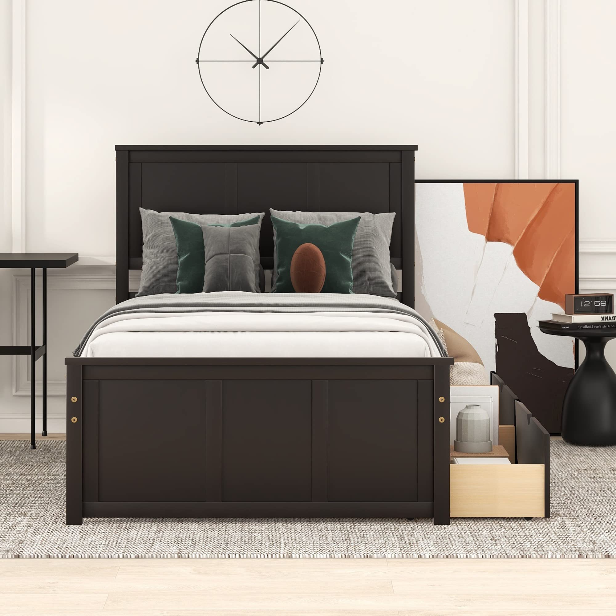 Twin Size Wooden Platform Bed Frame with Headboard, Footboard & Storage Drawers - Espresso Finish for Kids, Teens, Boys & Girls - Perfect for Small Bedrooms, Guest Rooms & Dormitories