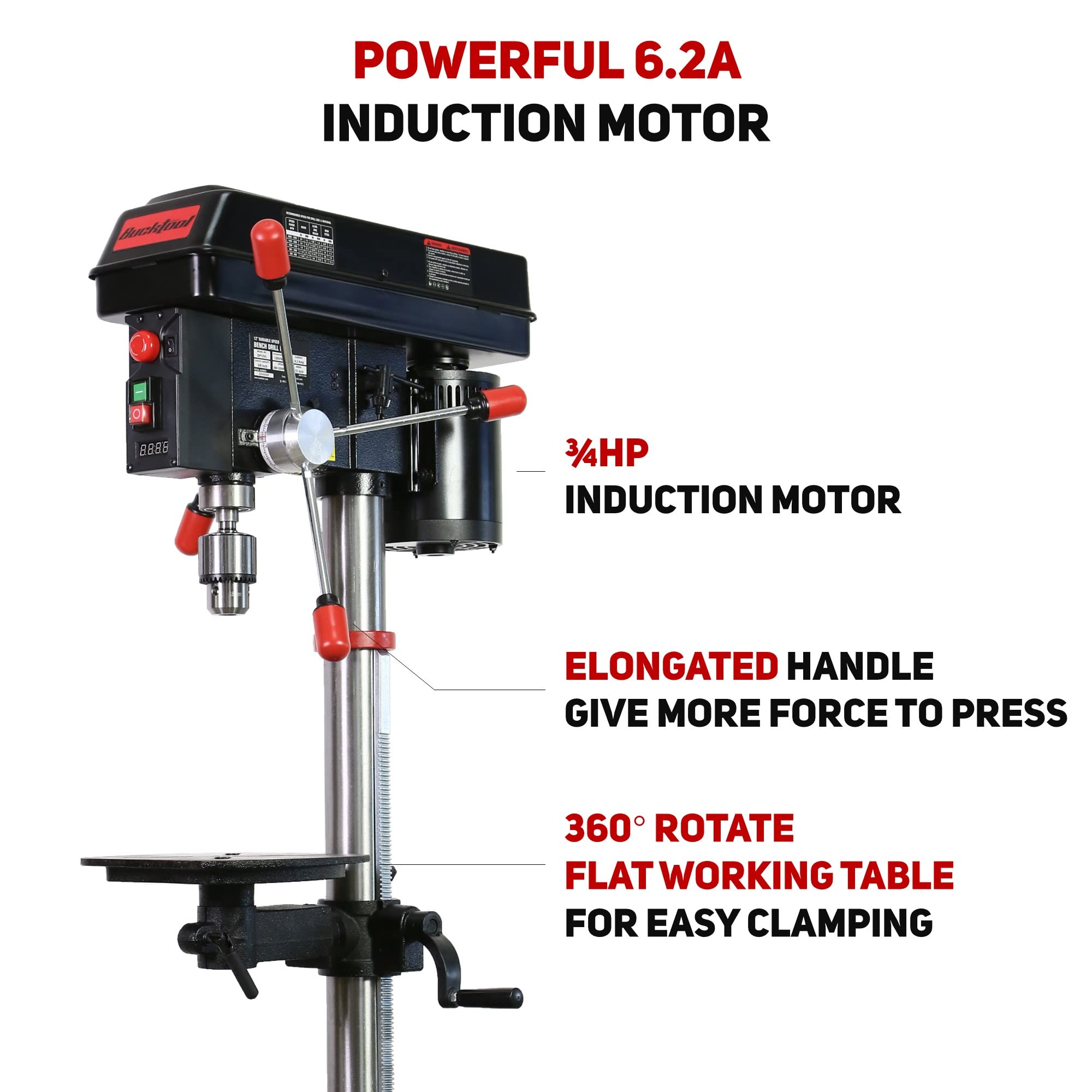 BUCKTOOL 12 Inch 6.2A Professional Bench Drill Press - 3/4HP Powerful Benchtop Drill Press with Variable Speed, IIIA Laser & Work Light - Perfect for Woodworking, Metalworking & DIY Projects