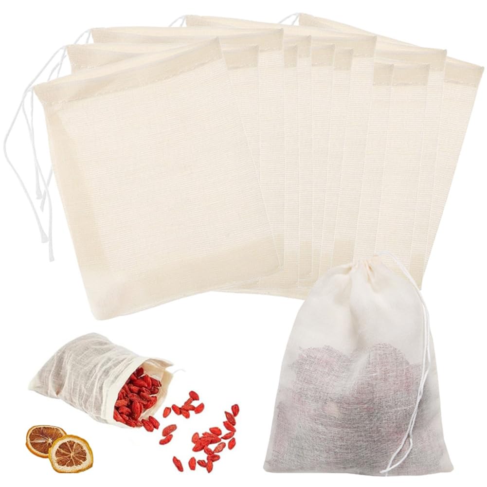AKOAK 10-Pack 5x6 Inch Natural Unbleached Cotton Muslin Drawstring Bags for Spices, Tea, Herbs & DIY Crafts - Reusable & Eco-Friendly Storage Solution for Kitchen, Bath, Wedding Favors & Party Gifts