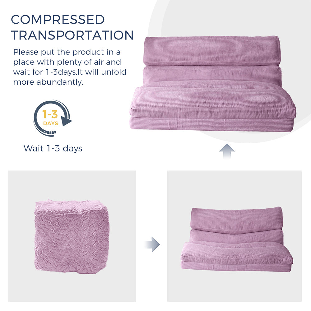 MAXYOYO Corduroy Bean Bag Folding Sofa Bed - Extra Wide Foldable Floor Mattress in Purple | Perfect for Living Room Lounging, Guest Bed & Dorm Room Comfort