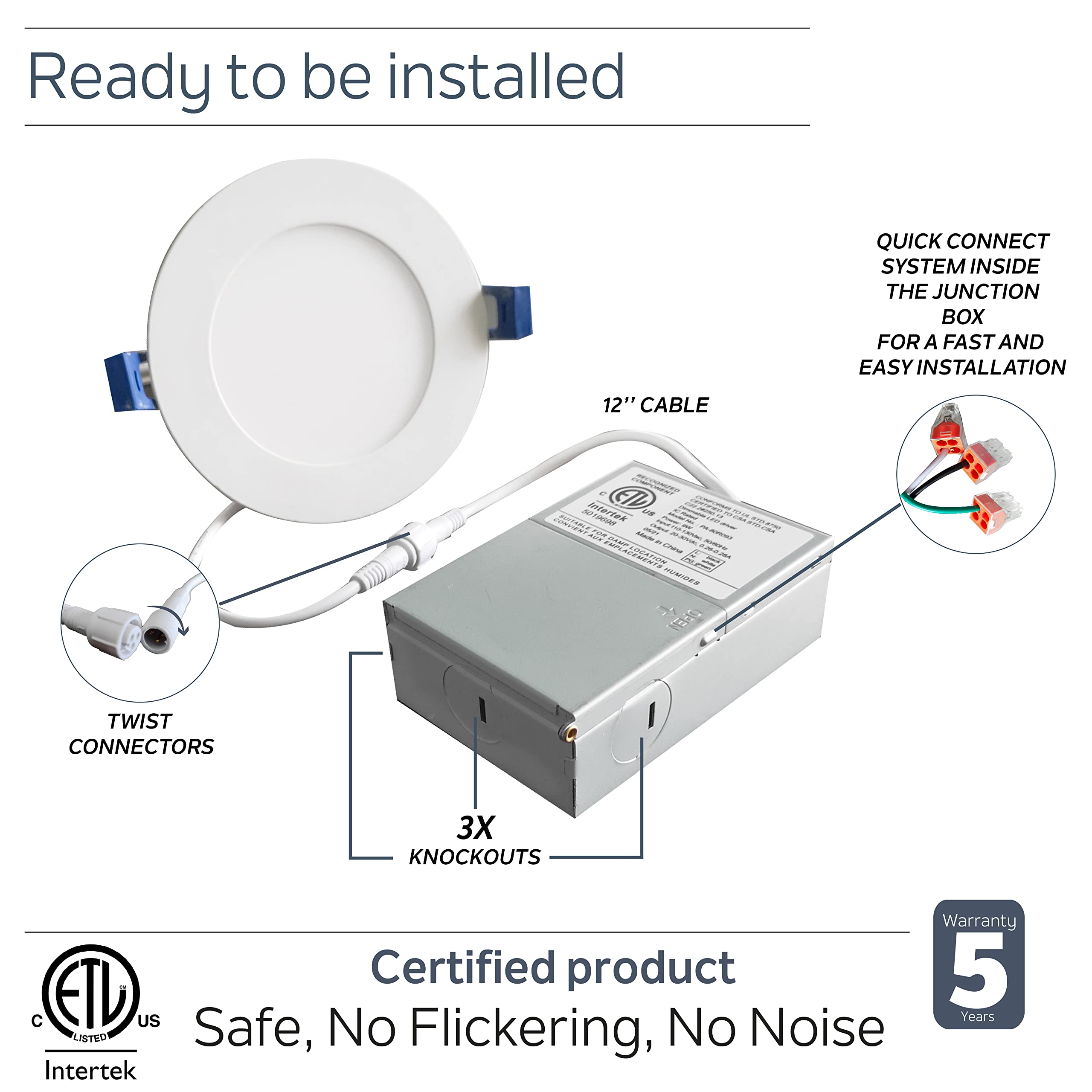Nadair 12 Pack 3 Inch LED Ultra Slim Recessed Lights - 6W, 450 Lumens, 5 Color Selectable (2700K-5000K), Dimmable, IC Rated, ETL Certified - Perfect for Bedroom, Kitchen, Living Room & Office Lighting