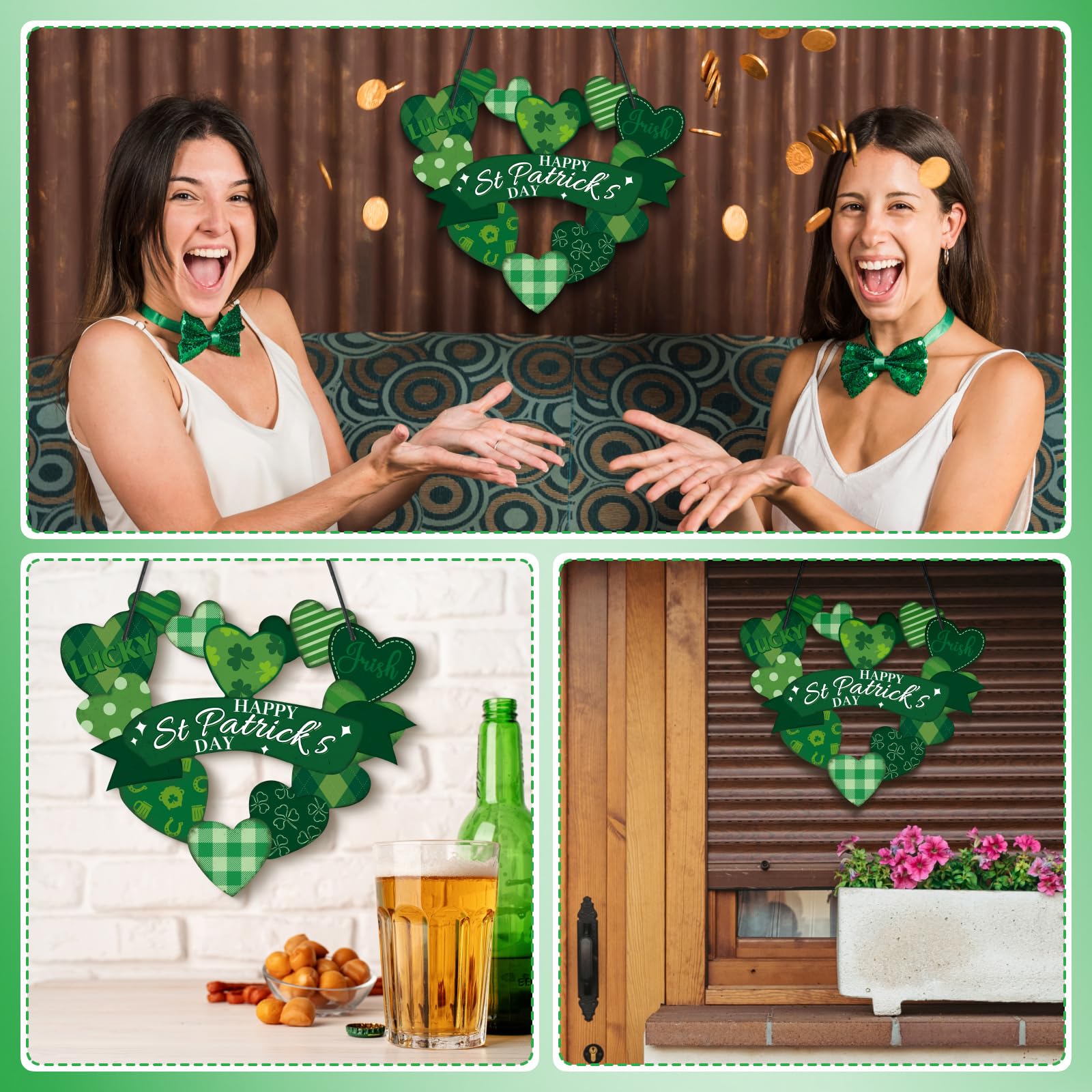 Valentine's Day Heart Wreath - Double-Sided PVC Door Decor for Home & St. Patrick's Day - 14x12 in
