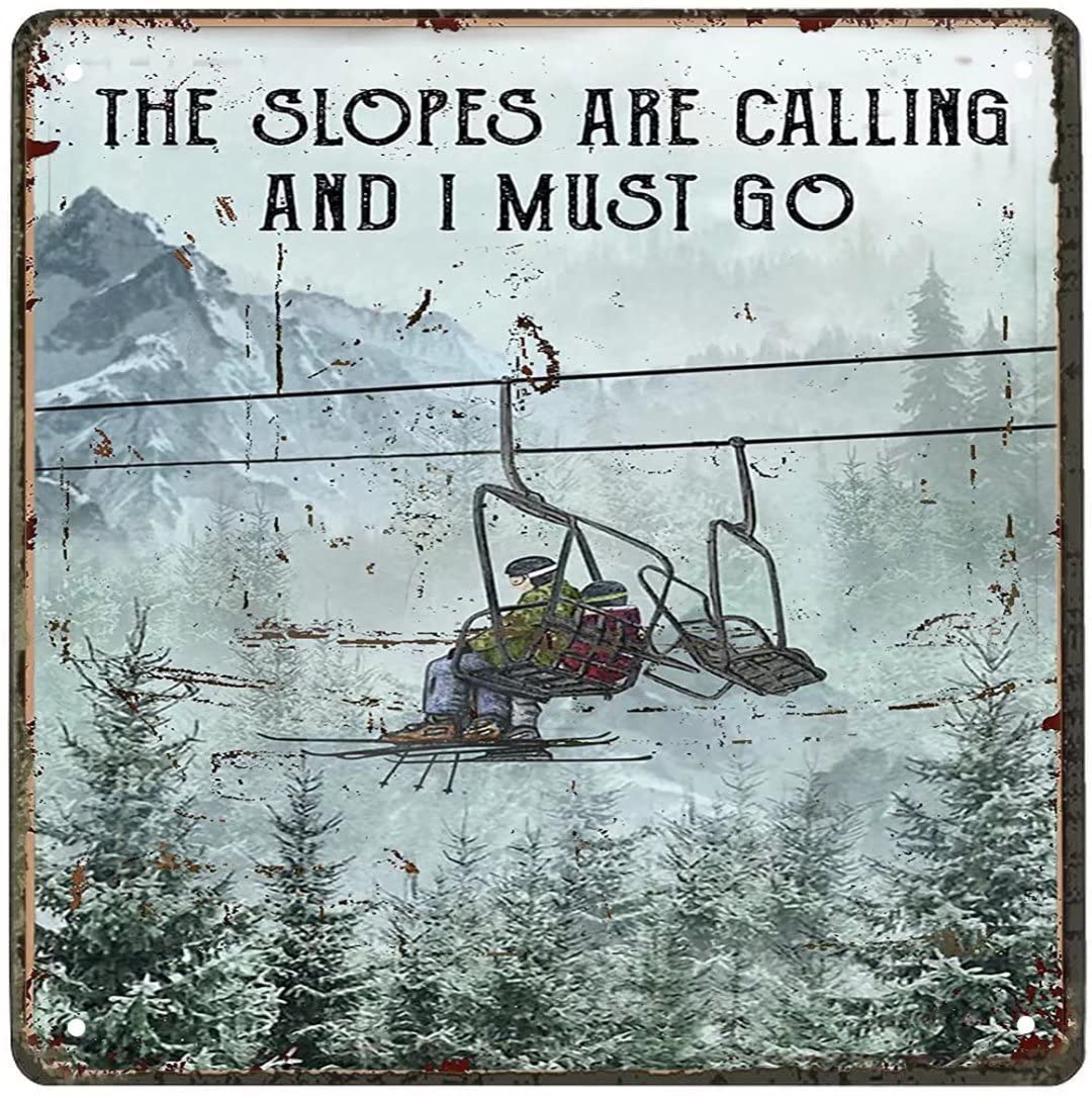 Vintage Ski Wall Art Decor - 12x12 Inch Metal Tin Sign for Home, Coffee Shop & Dining Room - Retro Skiing Themed Aluminum Sign - Perfect for Ski Lodge, Bar & Man Cave Decor