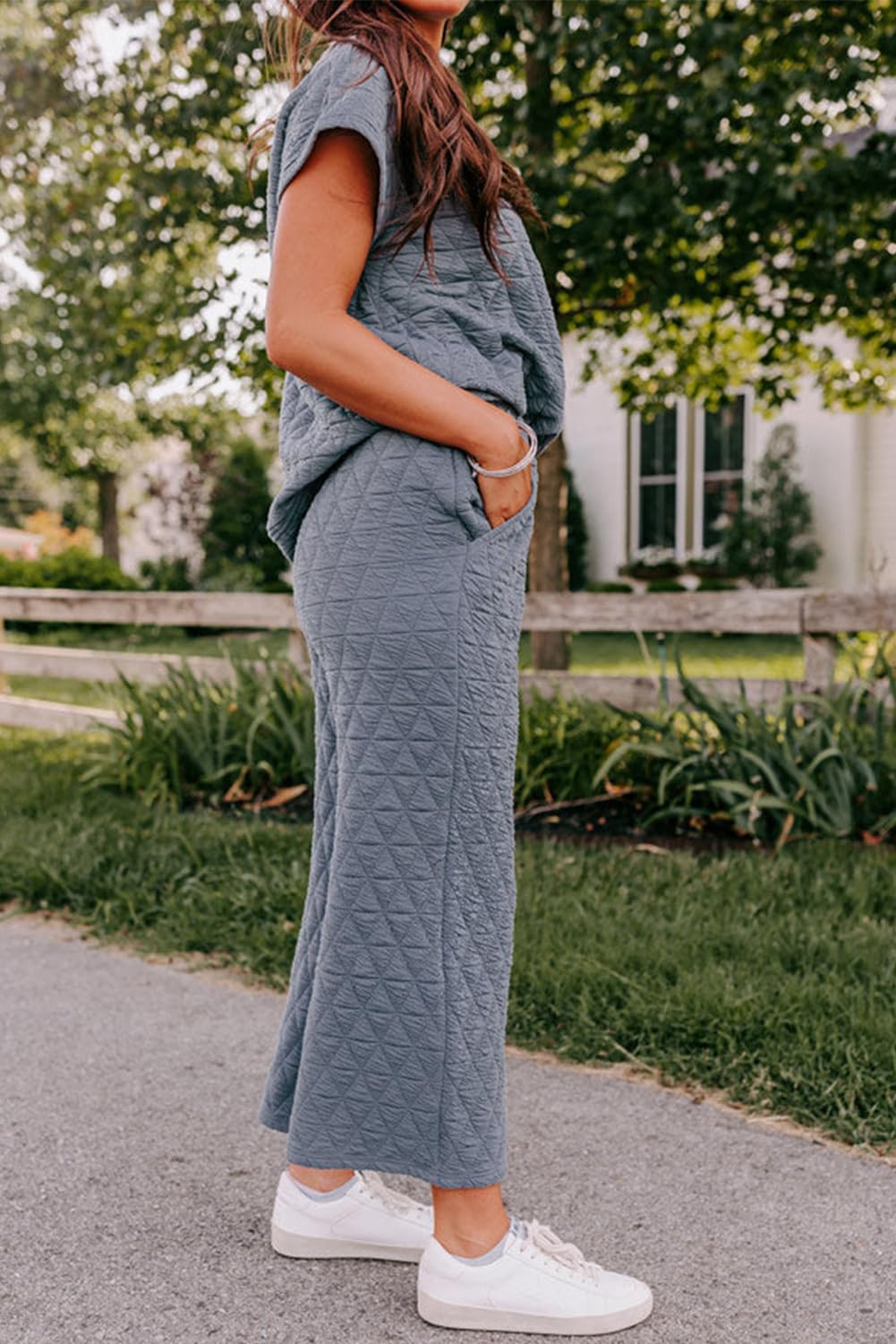LEMAFER Women's Quilted Short Sleeve Wide Leg Pants Set - Casual Solid Round Neck Pullover Tops for Fall | Trendy Outfit for Work, Travel & Daily Wear