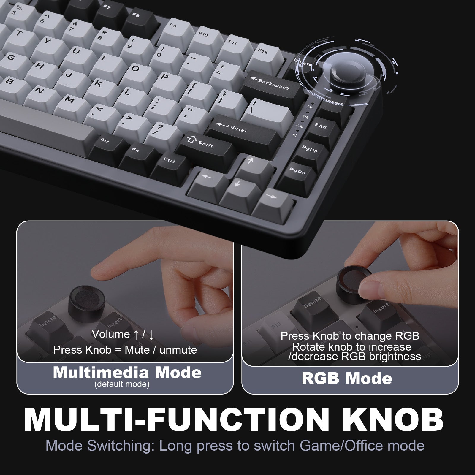 YUNZII B75 Pro Dark Gray Wireless Mechanical Keyboard - 87 Keys RGB Backlit, Bluetooth 5.1/2.4G/USB-C for Gaming & Office (Perfect for PC, Mac, Laptop, iPad)
