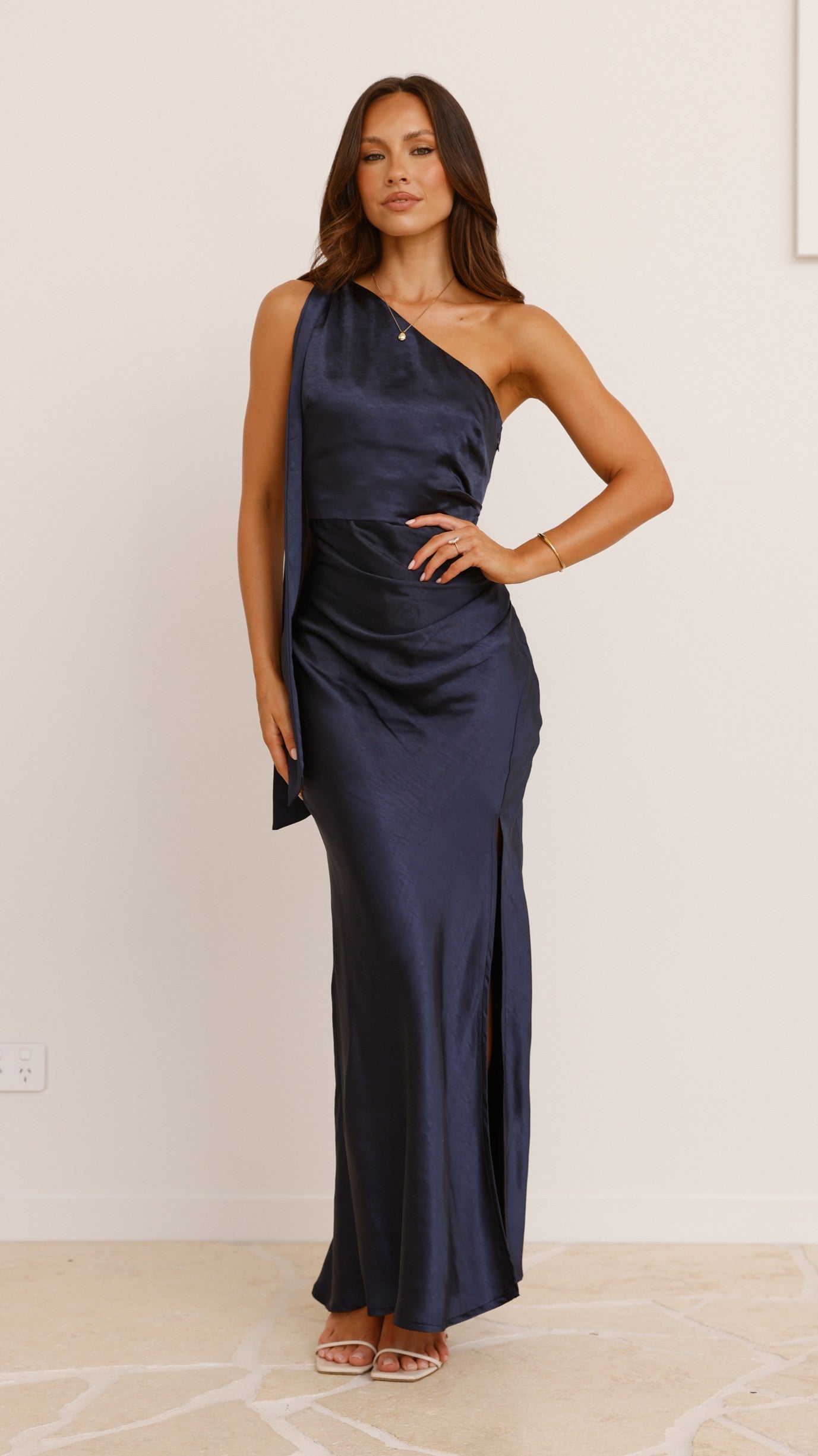 Halle One Shoulder Maxi Dress in Navy Blue - Elegant Beach Wedding & Summer Party Gown