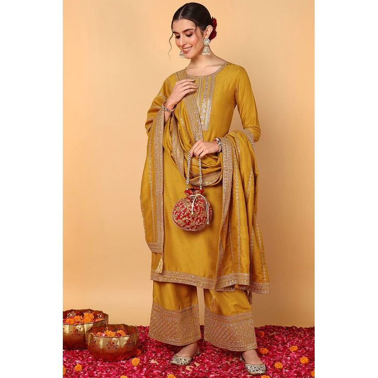 Mustard Yellow Silk Blend Suit Set for Women | Elegant Festive Outfit for Diwali, Weddings & Special Occasions | Breathable & Comfortable Party Wear