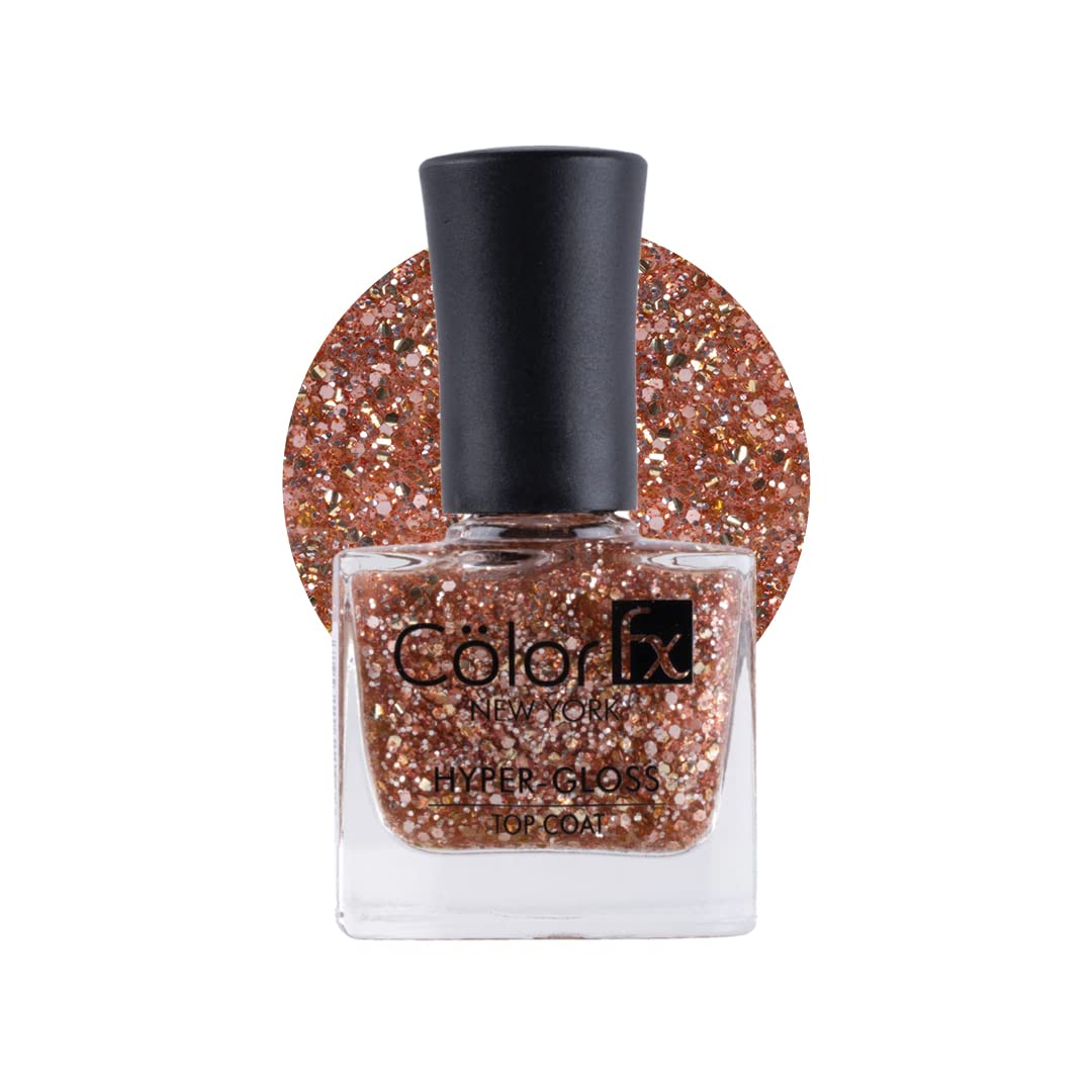 Color Fx New York Hyper-Gloss Top Coat Non-UV Gel Nail Polish - Transparent & Rose Gold Glitter Finish | 21 Toxin-Free, Long-Lasting Clear Nail Paint for Women (9ml) | Perfect for Salon-Quality Manicures, Special Occasions & Everyday Wear