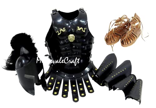 Roman Black Muscle Armor Cuirass Set with Helmet, Leg & Arm Guards - Medieval Knight Costume for Halloween, Cosplay, LARP, and Renaissance Fairs