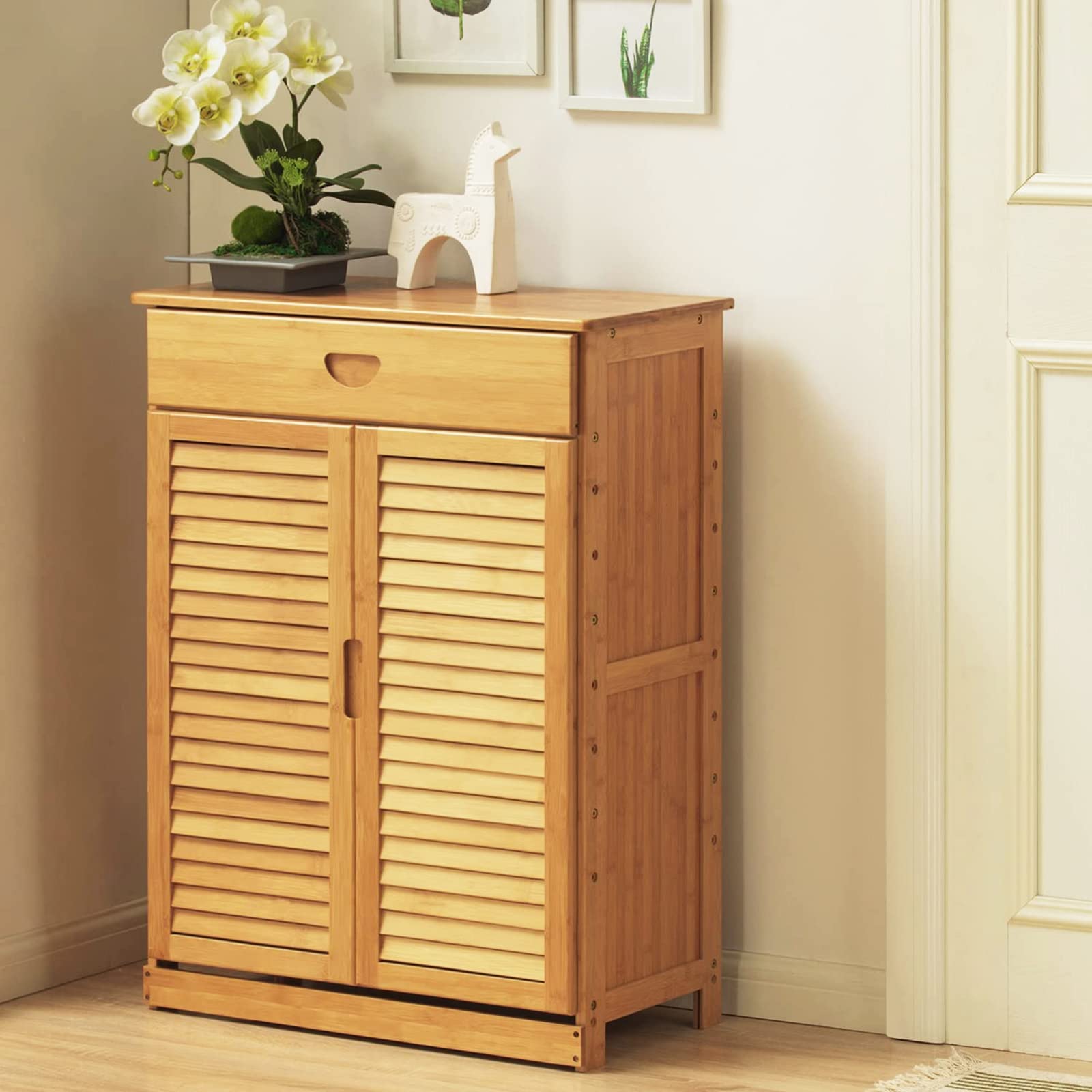 Bamboo Shoe Storage Cabinet with Doors - Rustic Entryway Shoe Organizer & Shoe Rack for Home, Office, or Mudroom | Space-Saving Shoe Cubby for Neat Shoe Organization