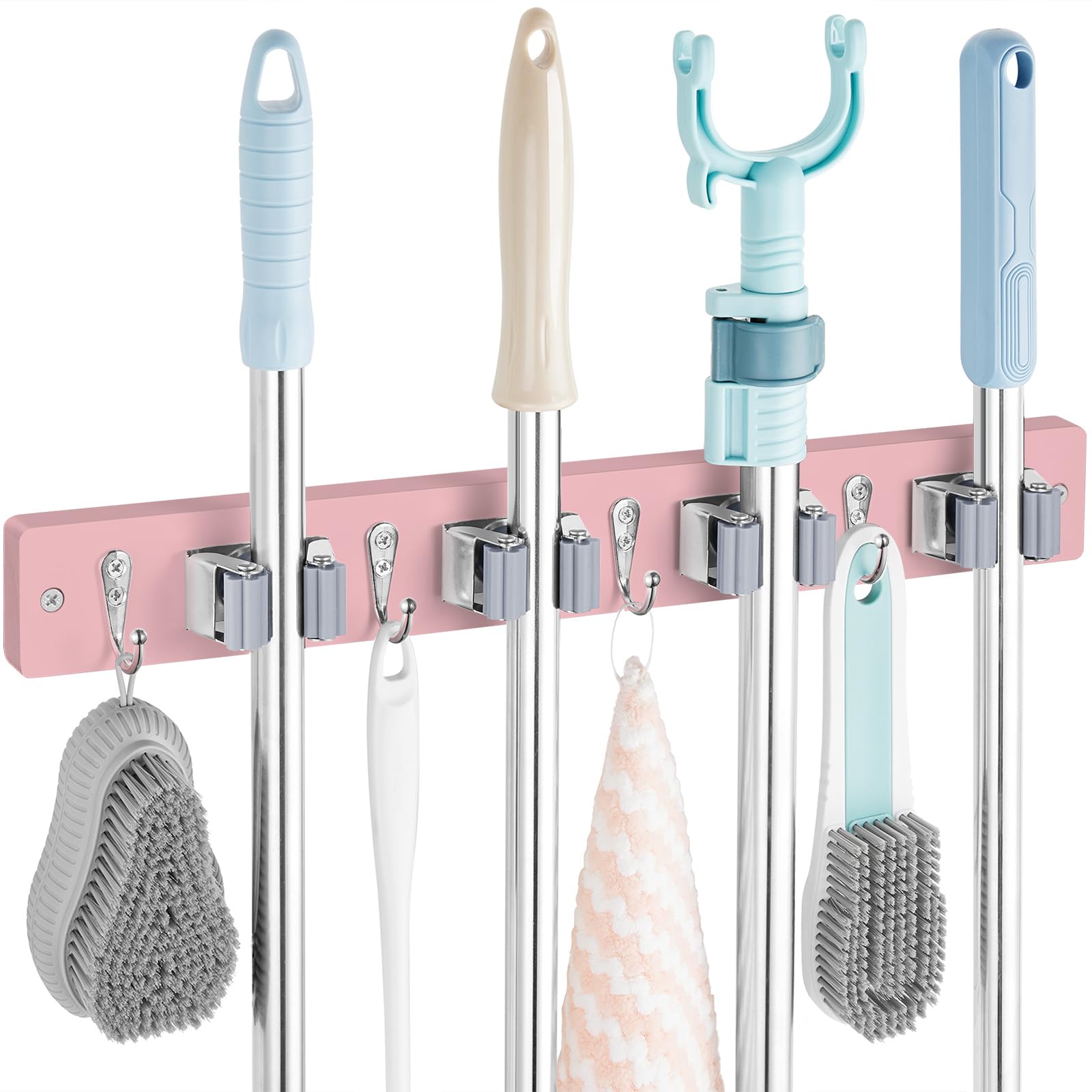 Pink Wall Mount Broom Holder with 4 Slots & 4 Hooks - Wooden Mop Hanger Organizer for Pantry, Closet, Laundry Room & Kitchen - Space Saving Storage Solution for Pink Kitchen Decor - Perfect for Small Spaces and Home Organization