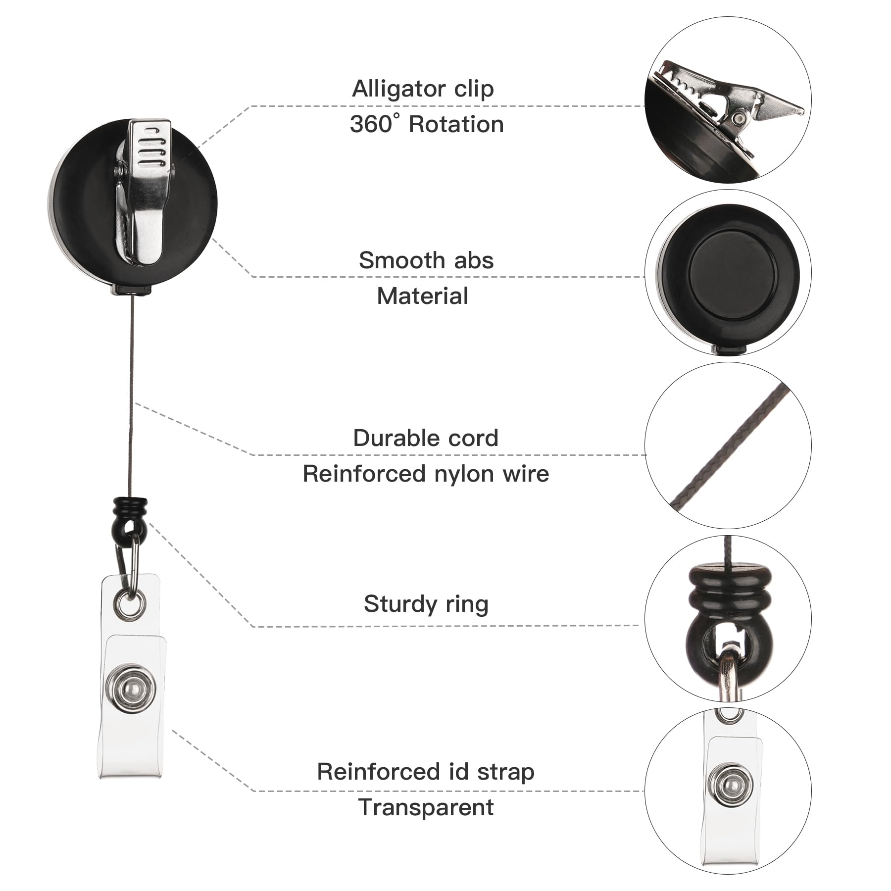 10 Pack Black Retractable ID Badge Holders with Swivel Alligator Clip - Vinyl Card Strap for Nurses, Office Workers - Perfect for Hospitals, Conventions & Security Access