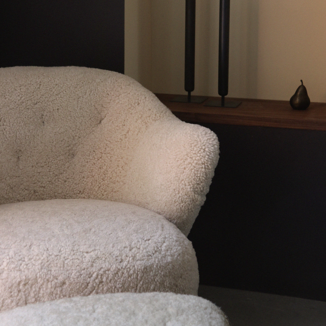 Premium Ingeborg Ottoman with Genuine Sheepskin Cover - Luxurious Footrest & Accent Chair for Living Room, Bedroom, or Office Decor