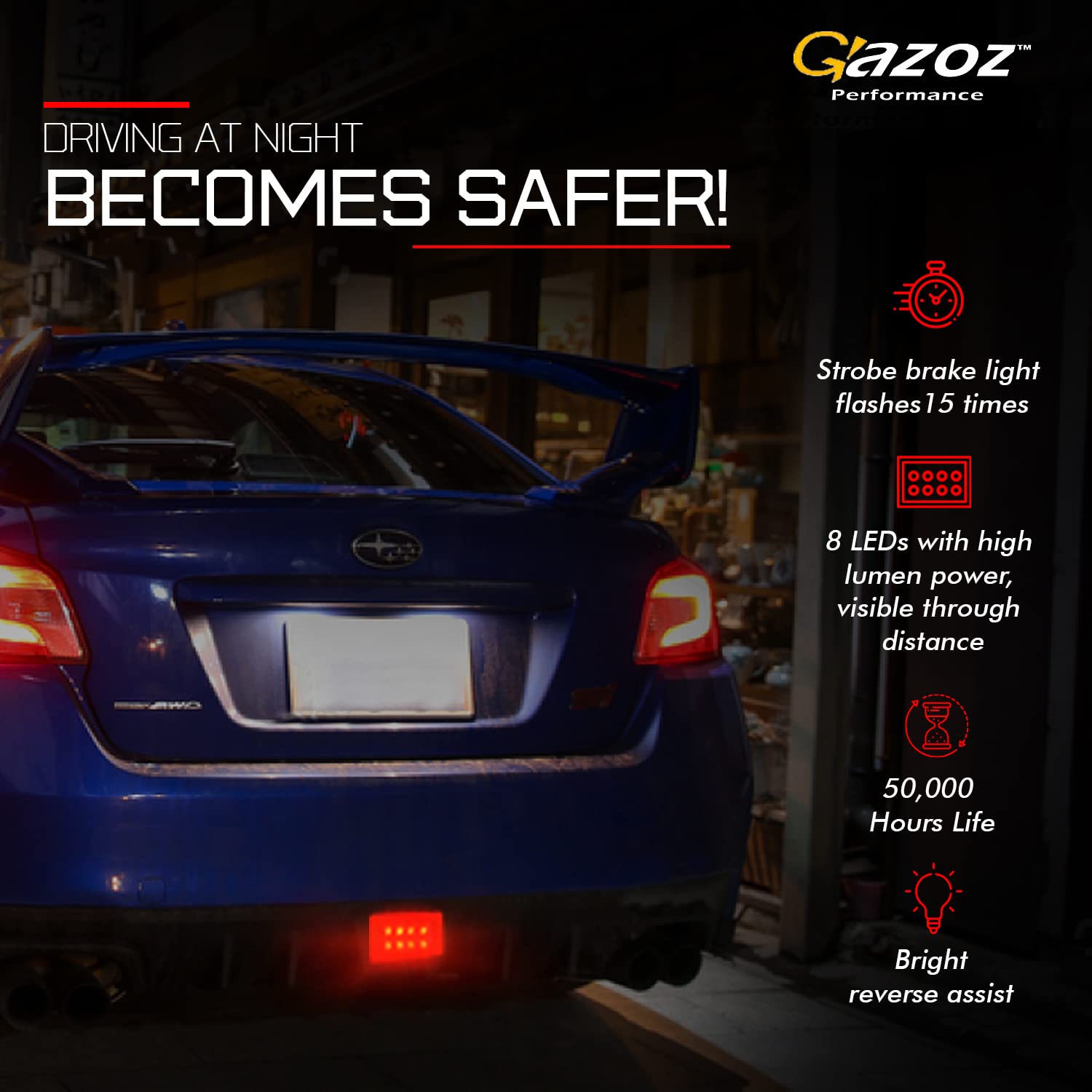 2015-2021 Subaru WRX STI VA LED Rear Brake Light Fog Light with DRL White Bar & Clear Lens F1 Style - High Visibility Safety Upgrade for Night Driving & Foggy Conditions