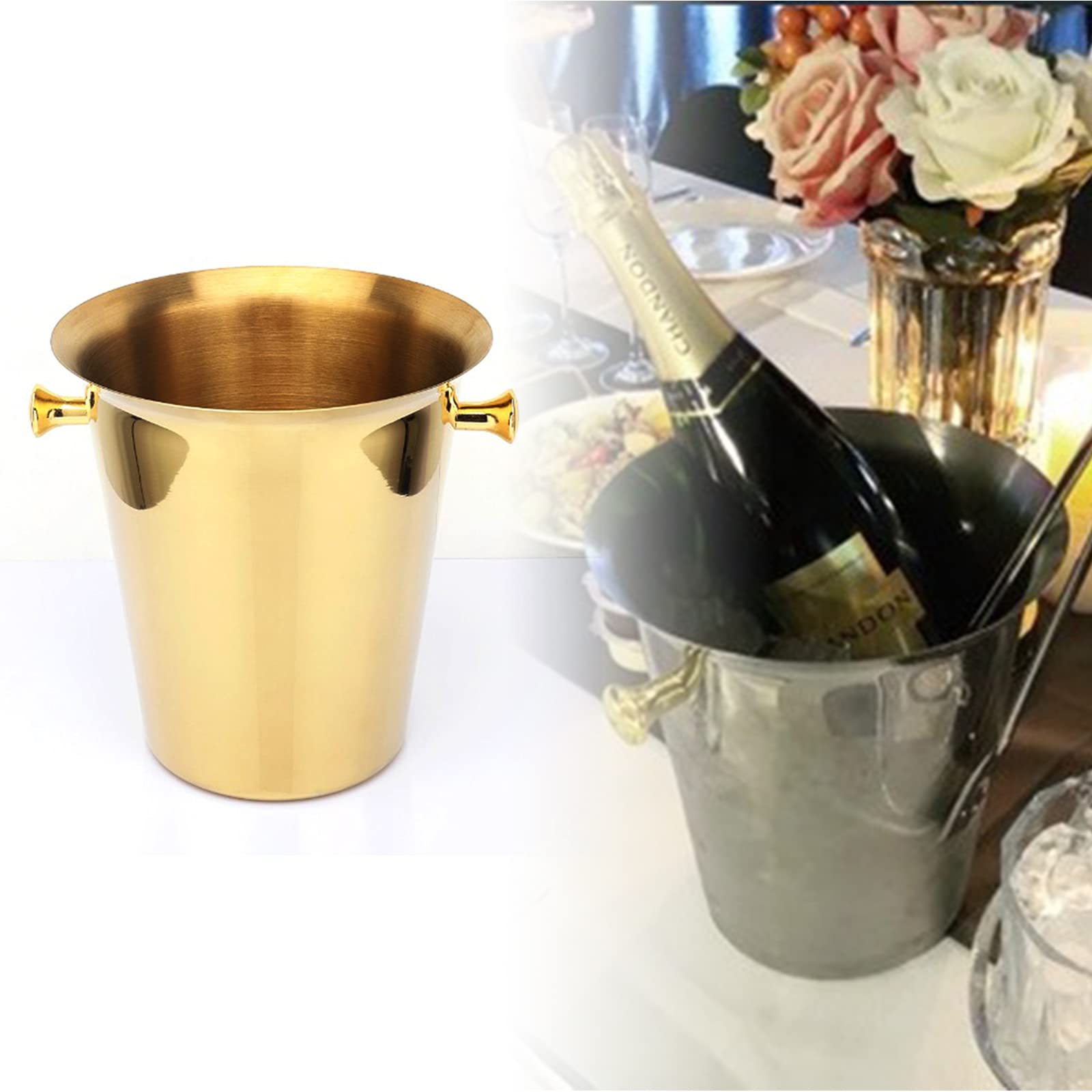 Premium Titanium Gold Ice Bucket with Stand - Stainless Steel Drink Cooler & Beverage Tub for Cocktails, Beer, Wine - Perfect for Bars, KTV, Clubs, Parties, Weddings & Home Entertaining (US Stock)