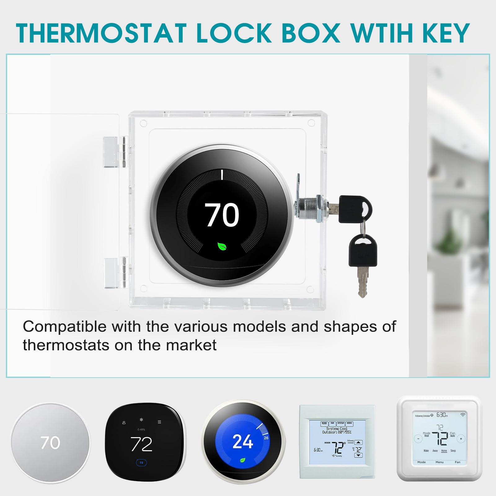 Universal Thermostat Lock Box with Key - Clear AC Thermostat Cover Guard for Nest & Other Wall Thermostats (4.8