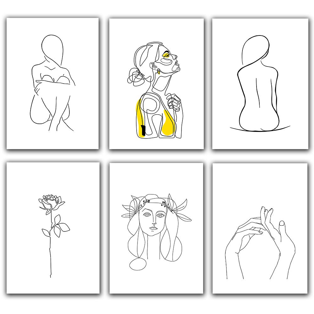 Abstract Women Line Drawing Body Painting - Nordic Modern Canvas Wall Art Prints - Set of 6 Unframed 8x10 Inches - Minimalist Simple Fashion Woman Art for Living Room, Bedroom & Office Decor
