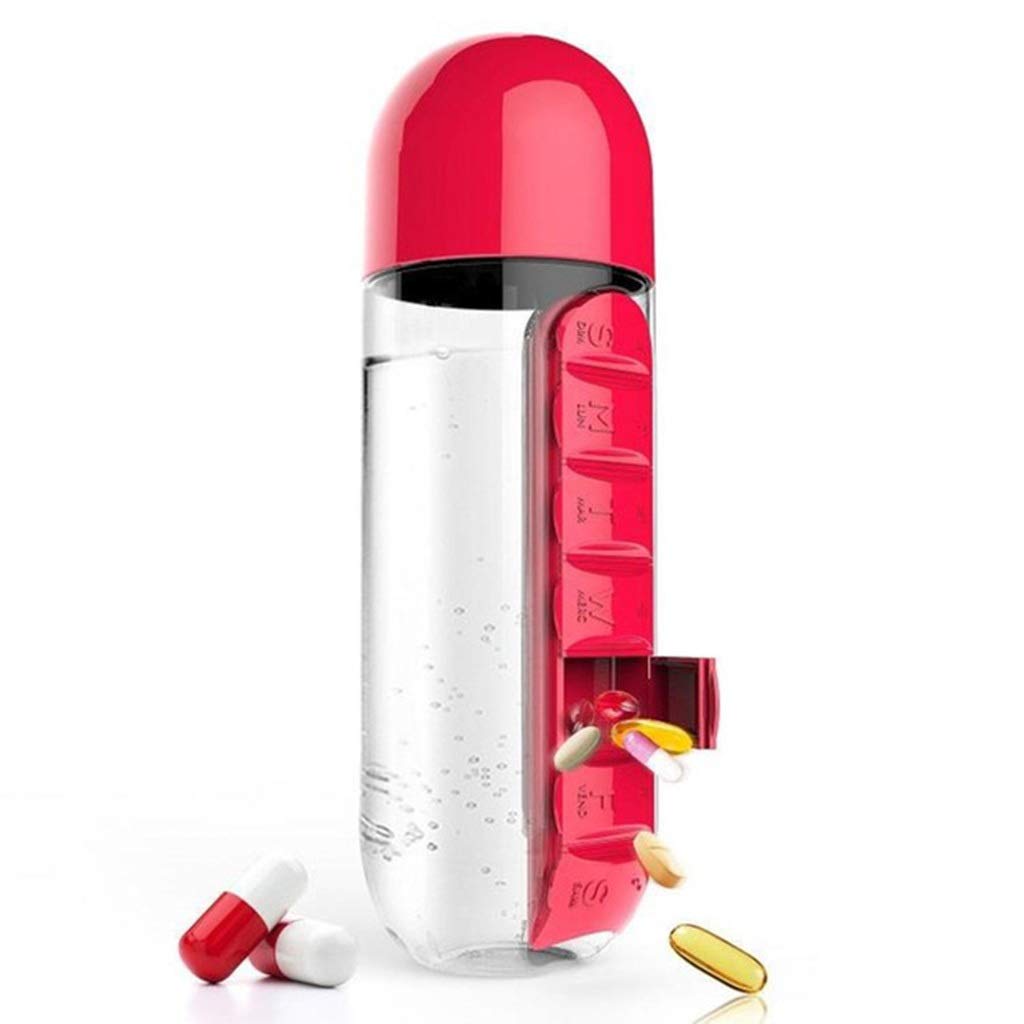 Leak-Proof Water Bottle with Pill Organizer - Gym & Travel Essentials (Red)