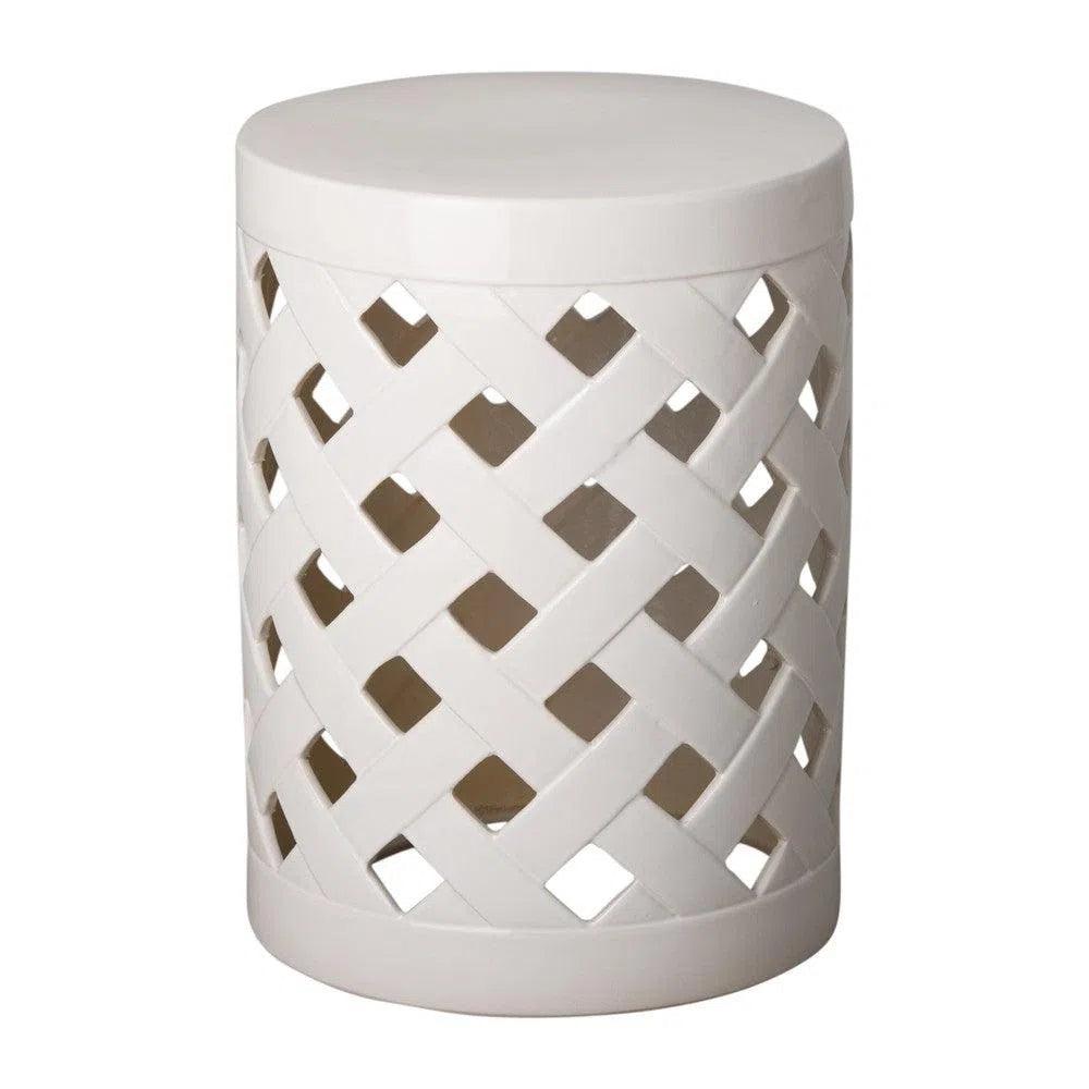 19 Inch Criss Cross Ceramic Outdoor Garden Stool - Durable Patio & Lawn Decor for Gardens, Porches and Poolside Seating