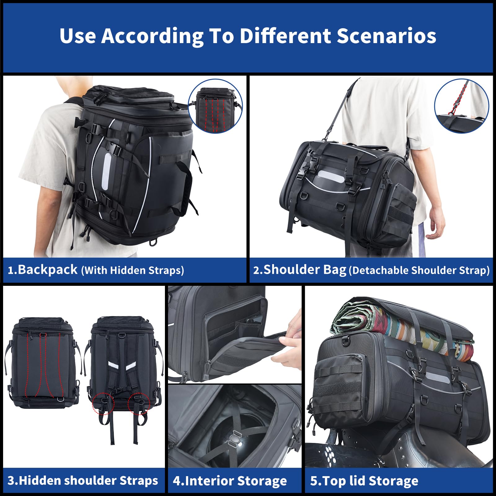 **Universal Motorcycle Travel Luggage - 60-85L Expandable Tail Bag (15-22 Gallon) | All-Weather Rack Bag, Sissy Bar Bag & Helmet Storage | Waterproof Tour Pack Backpack with 6 Straps & Cover | Ideal for Long-Distance Riding, Camping & Adventure Trips**