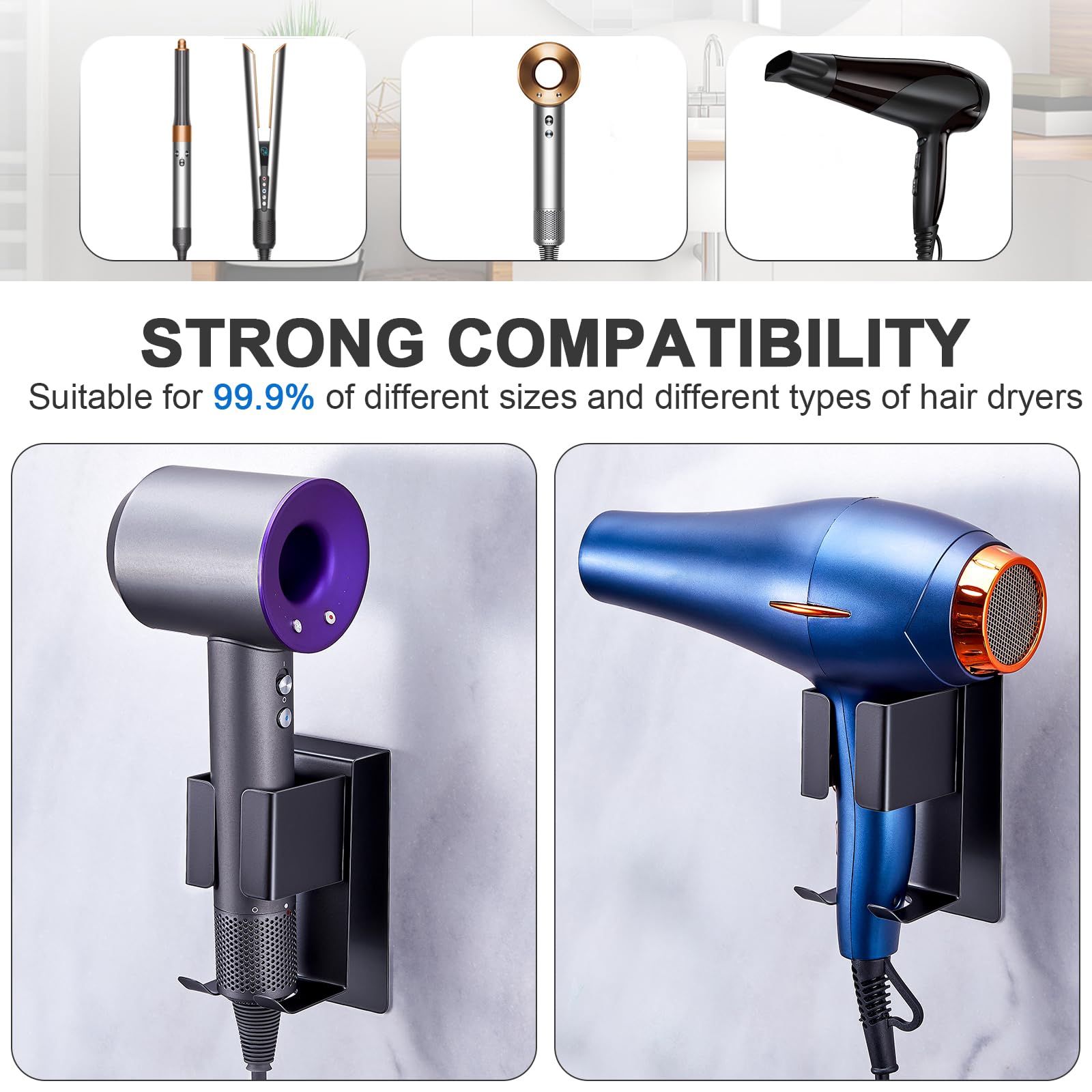 Wall Mounted Stainless Steel Hair Dryer and Straightener Holder - Organizer for Blow Dryer, Curling Iron & Hair Tools - Bathroom Storage Solution for Hair Styling Accessories - Perfect for Salon, Home & Travel Use