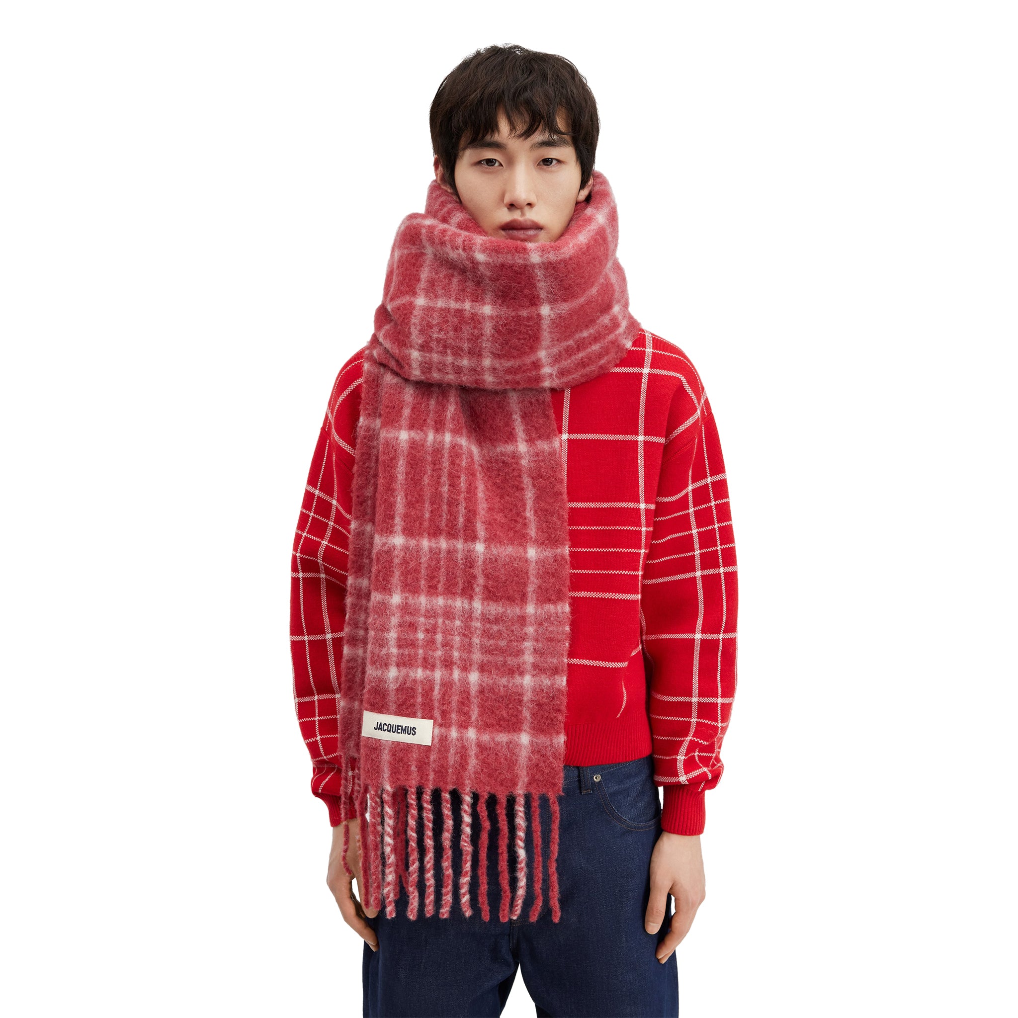 Jacquemus L'echarpe Carro Checked Red Scarf - Stylish Plaid Wool Scarf for Women & Men - Perfect for Winter Fashion, Outdoor Activities & Gift Giving