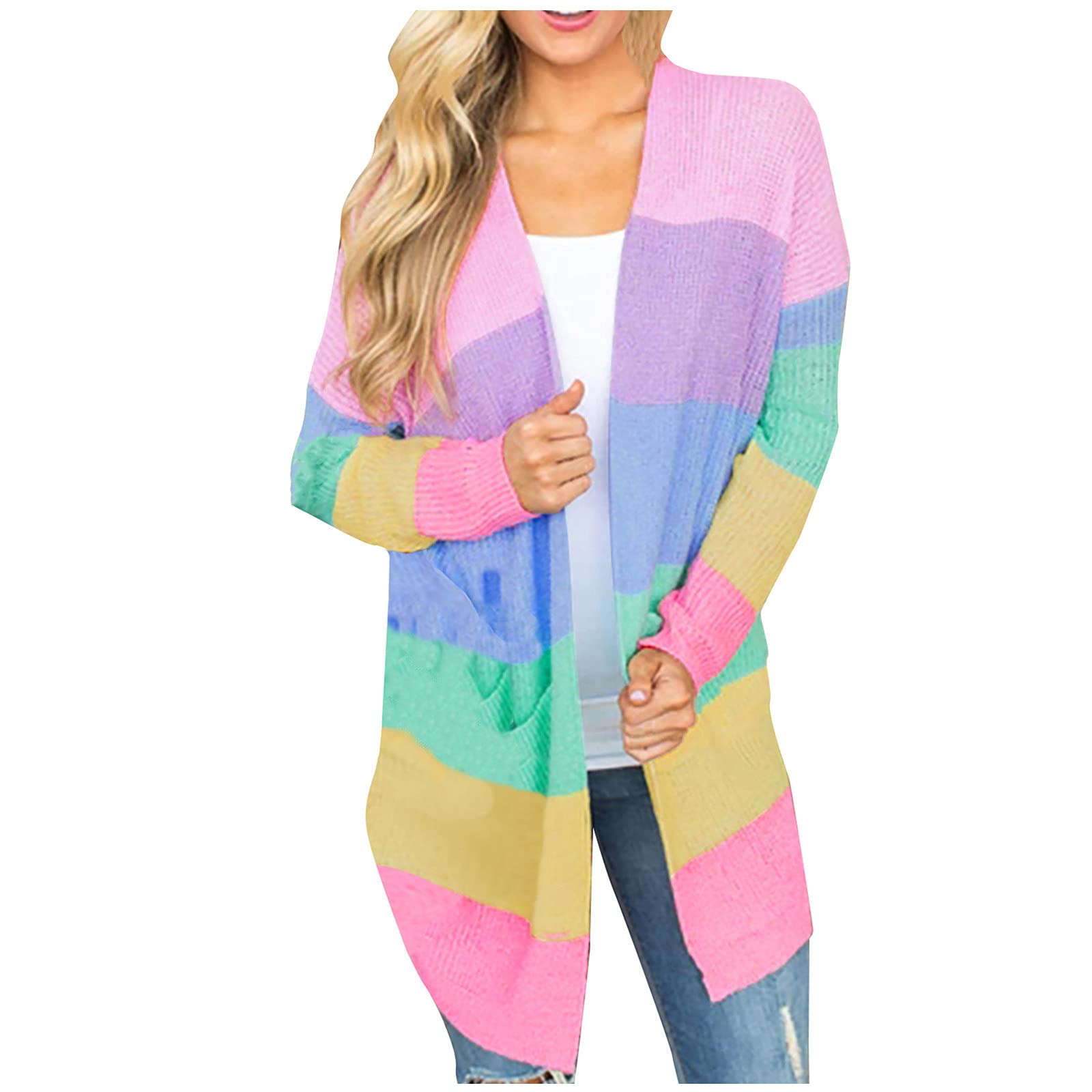 Lightweight Long Cardigan Sweaters for Women - Open Front Long Sleeve Color Block Coat | Perfect for Office, Casual Outfits & Layering in Fall/Winter