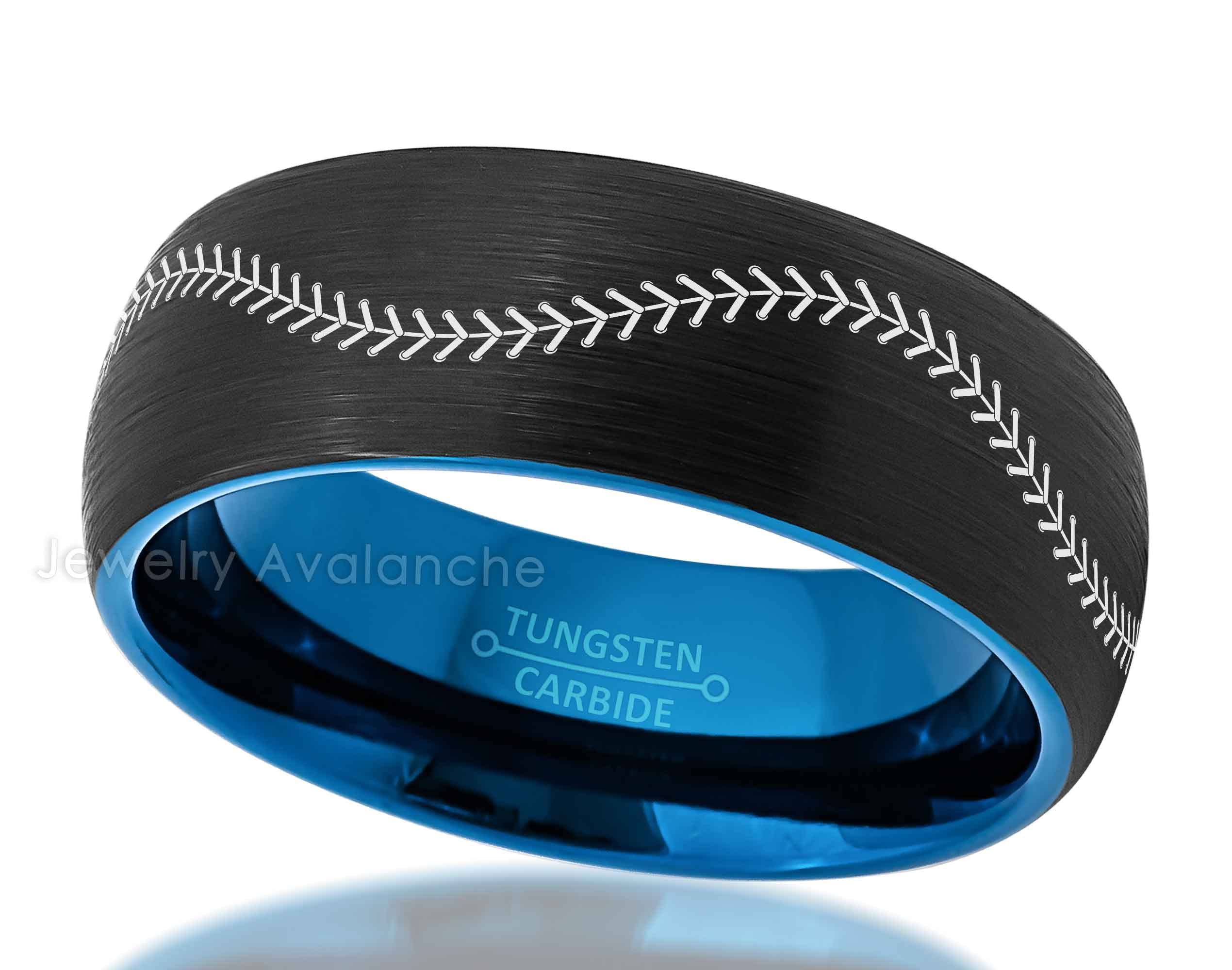 Personalized Baseball Stitch Tungsten Rings for Men & Women - Blue & Black Dome Tungsten Carbide Wedding Bands, Comfort Fit Anniversary Rings - Perfect for Couples, Sports Fans, and Unique Gift Ideas
