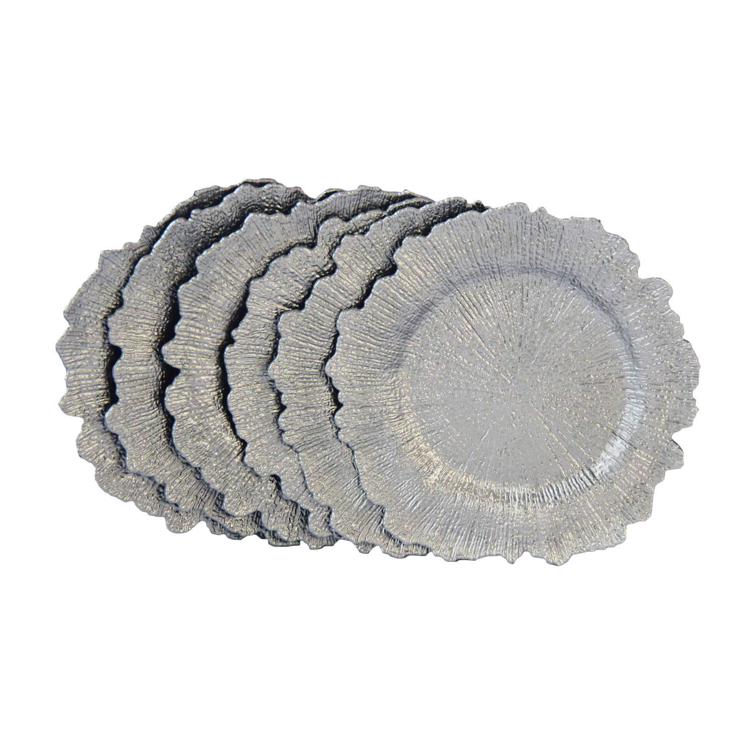 WELMATCH 12-Piece Silver Plastic Reef Charger Plates - 13 Inch Round Floral Sponge Charger Plates for Wedding, Party & Table Decorations - Elegant Dinnerware for Special Occasions