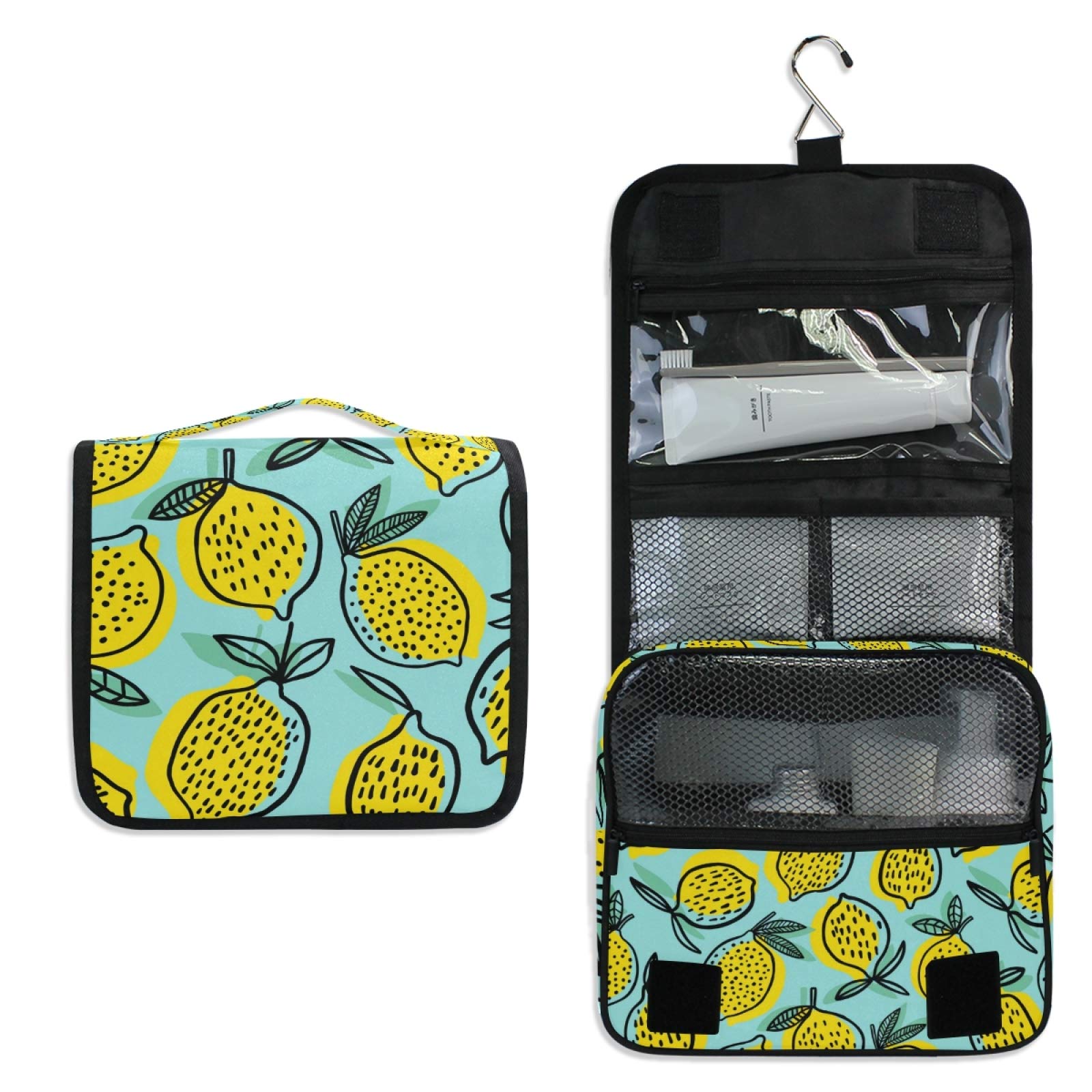 ALAZA Tropical Fruit Yellow Lemon Hanging Travel Toiletry Bag for Women - Large Waterproof Cosmetic Organizer with Hook for Bathroom, Makeup Storage & Vacation Essentials (Perfect for Travel, Gym, Dorm & Home Organization)