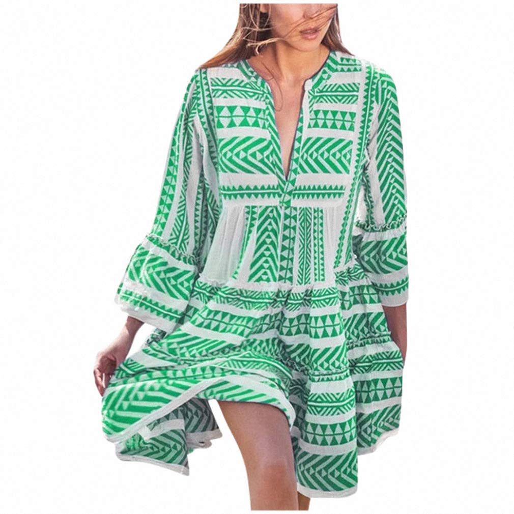 Hiuwa Women's Floral Print V-Neck Long Sleeve Mini Dress - Bohemian Beach Party & Club Wear, Summer Sun Dress for Casual Outings, Vacations and Date Nights