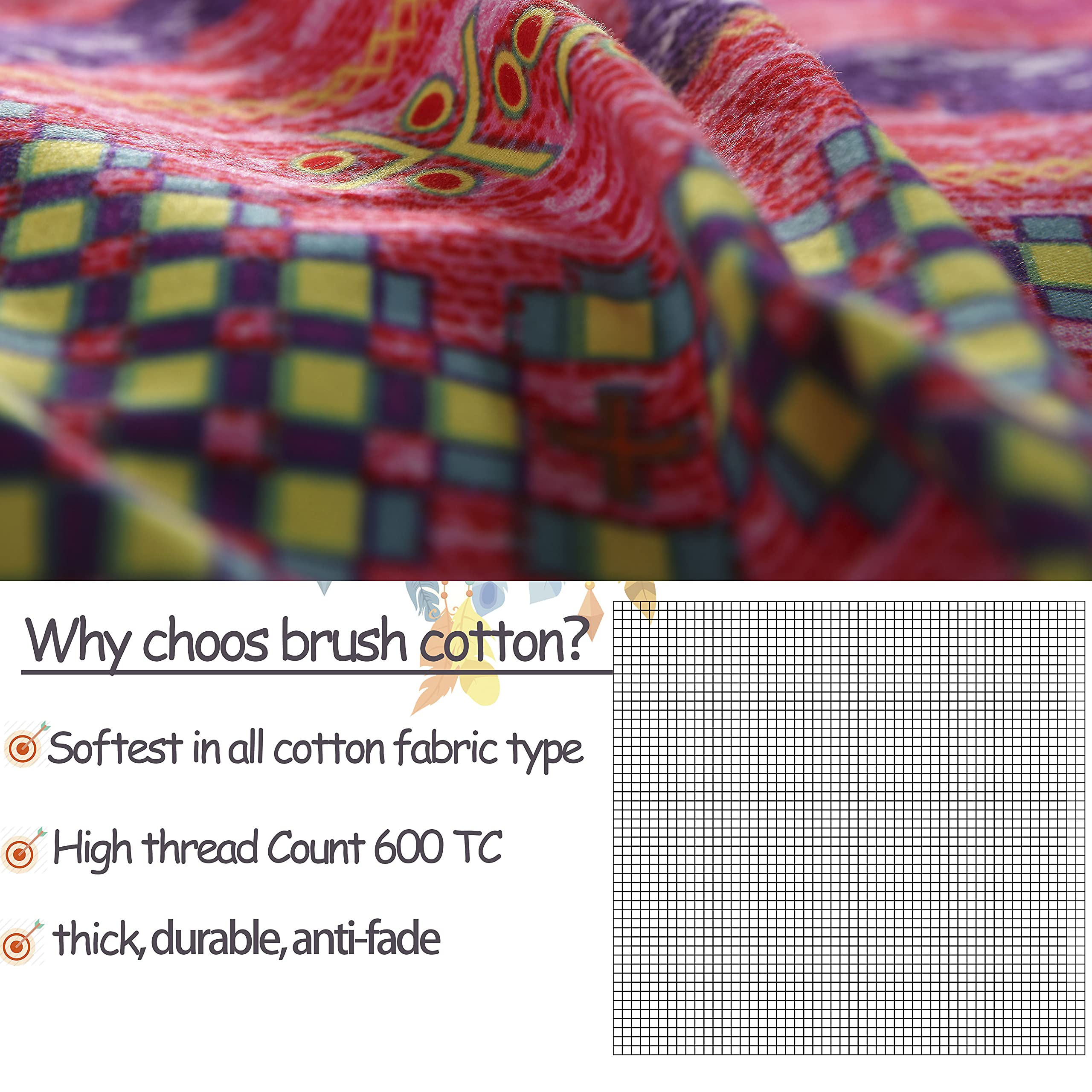 Exotic Boho Duvet Cover Set King/California King Size - 100% Brushed Cotton Soft Bohemian Bedding with Red Teal Mandala Print & Reversible Striped Design - Includes Zipper Comforter Cover + 2 Pillowshams - Perfect for Bohemian Bedroom Decor, Guest Room Makeover & Cozy Home Styling