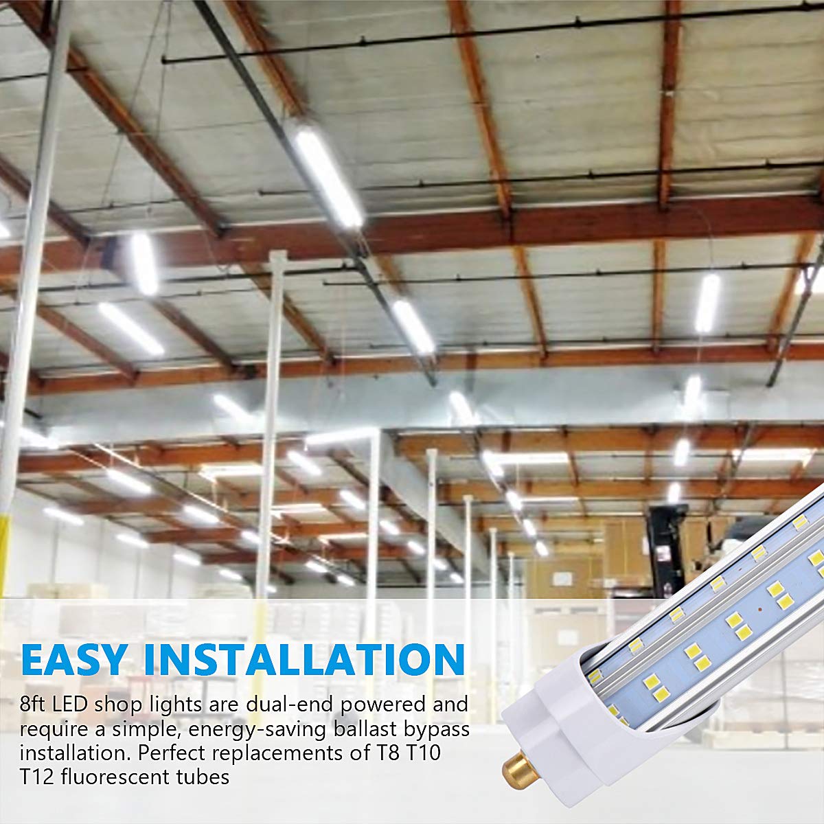 10PCS 8FT LED Tube Lights - 120W 19000LM 5000K Daylight White, Super Bright T8 T10 T12 Single Pin FA8 V-Shape Clear Cover Bulbs for Garage, Warehouse & Office Lighting