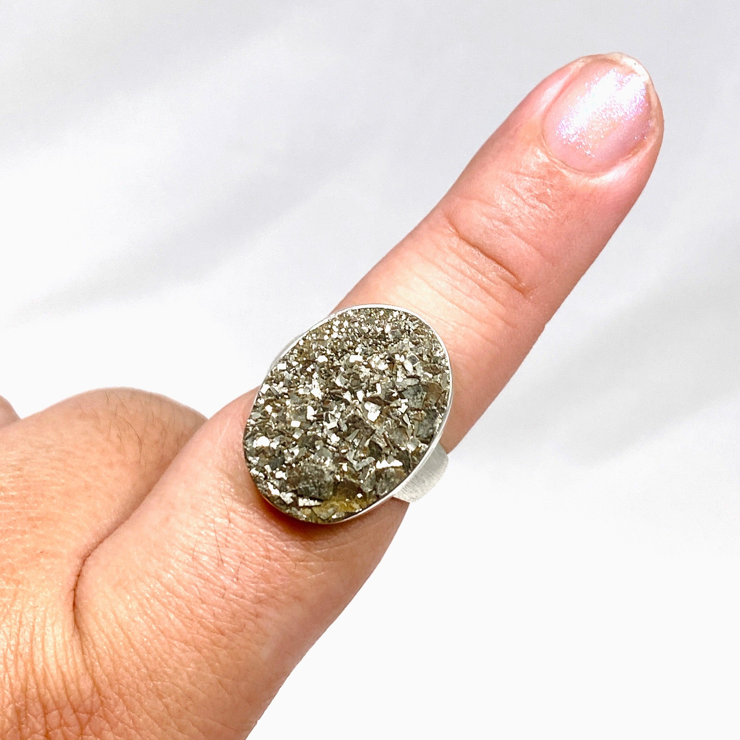 Natural Pyrite Raw Oval Ring with Brushed Silver Band - Size 9 - KRGJ3194 - Perfect for Boho Jewelry Lovers & Crystal Healing Enthusiasts