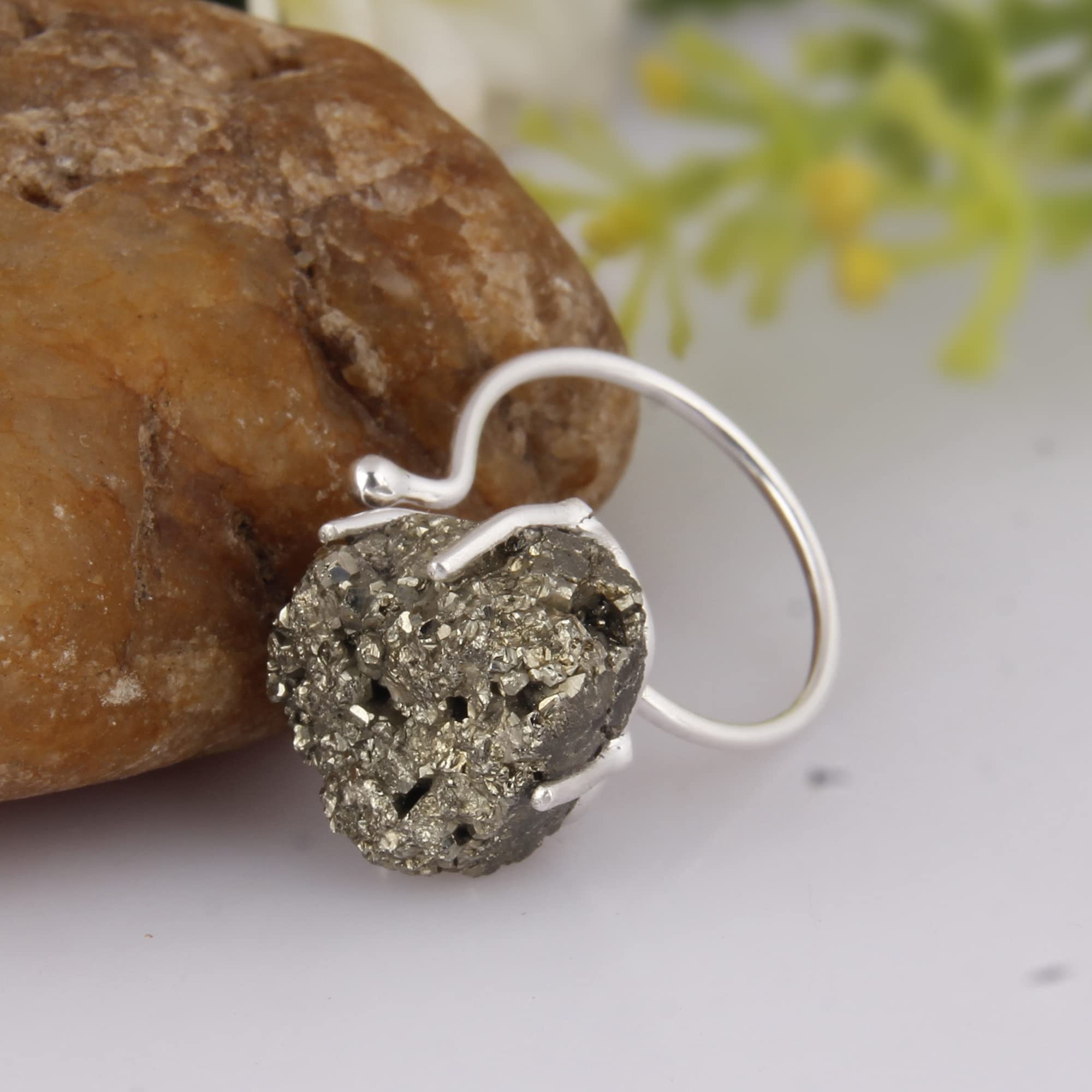 Natural Raw Pyrite Stacking Ring - Minimalist Boho Chic Rustic Jewelry for Women | Modern Adjustable Prong Ring Set of 5 | Perfect for Layering, Everyday Wear & Unique Gifts