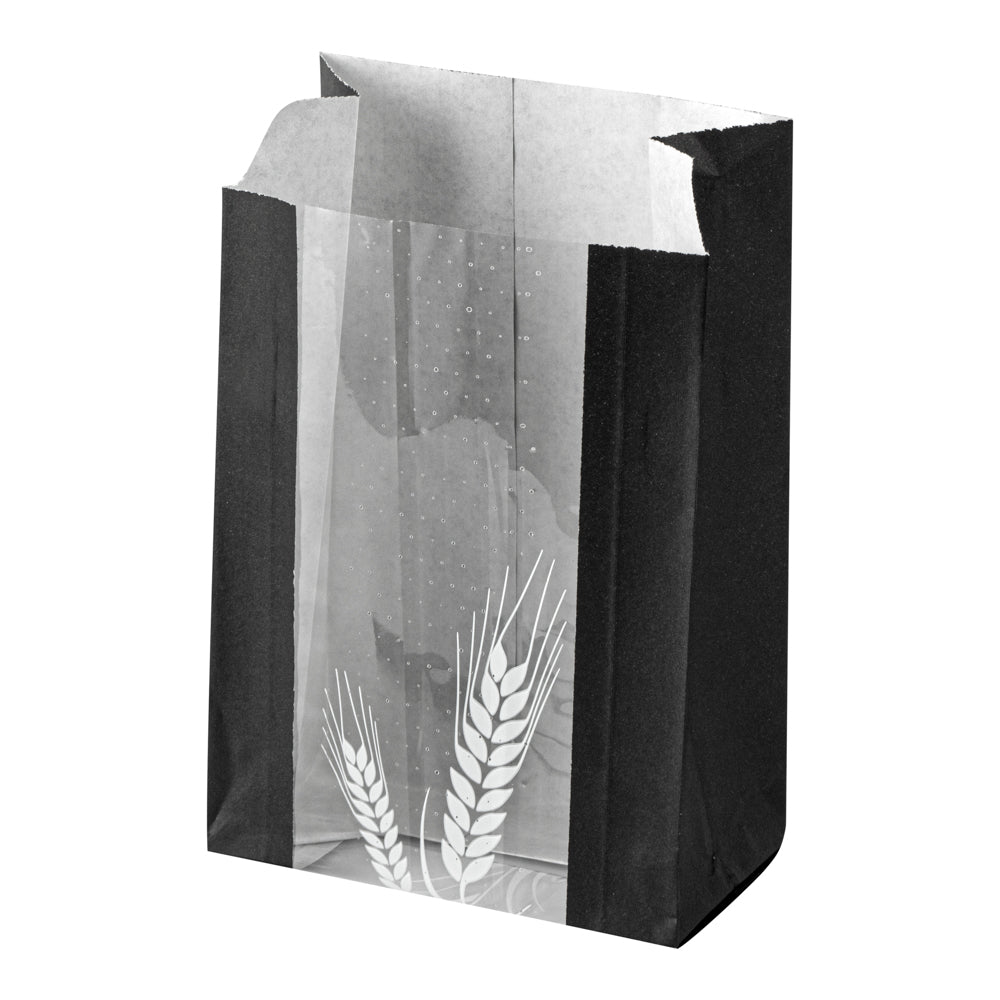Eco-Friendly Black Paper Bread Bags - Micro Perforated, Greaseproof, Wheat Pattern (4.75