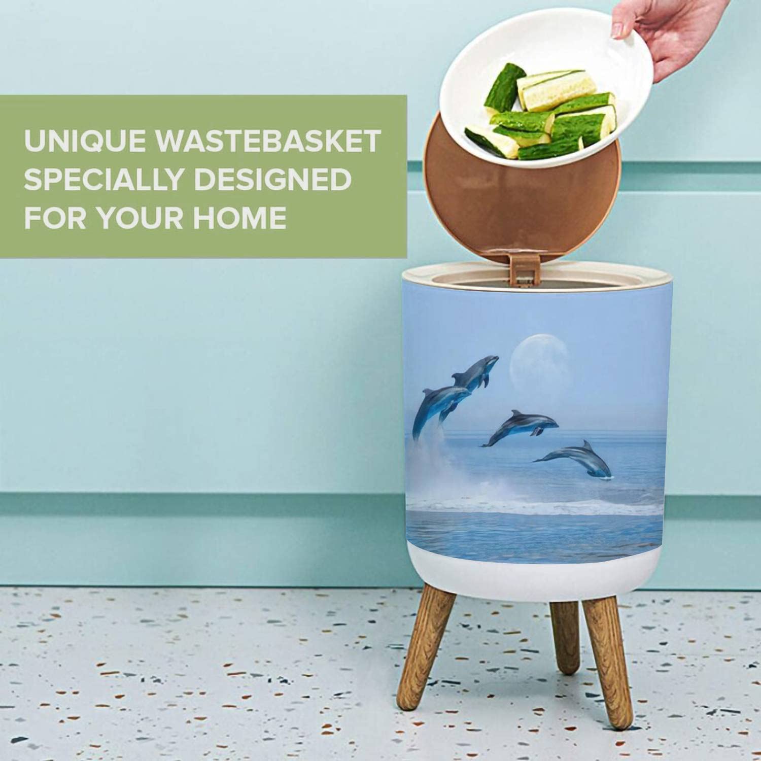 Dolphin Sunset Small Trash Can with Lid - 1.8 Gallon Round Press Cover Garbage Bin for Kitchen, Bathroom & Living Room | Dog Proof Wastebasket for Home & Office Use