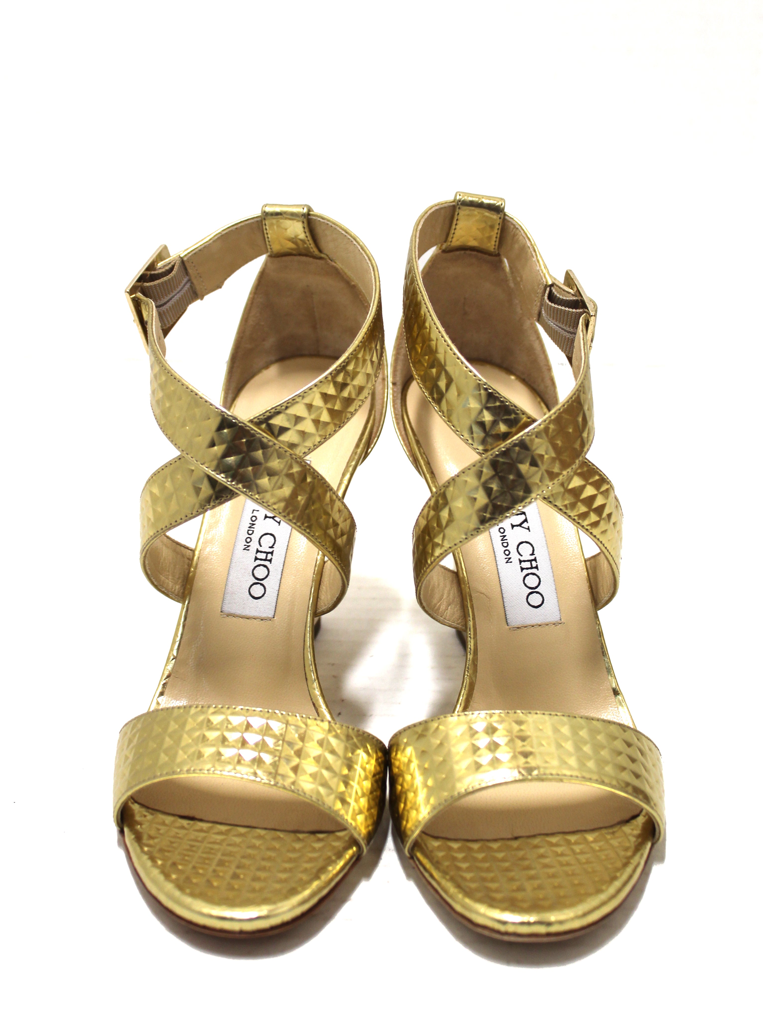 Authentic Jimmy Choo Metallic Gold Wedge Sandals Size 36 | Women's Luxury Designer Heels for Weddings, Parties & Special Occasions