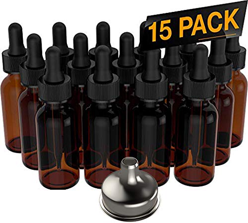 15 Pack 1 oz (30ml) Amber Glass Essential Oil Bottles with Glass Droppers - Refillable Boston Round Bottles for Aromatherapy, Fragrance Oils & DIY Blends - Includes Free Stainless Steel Funnel (Perfect for Home Spa, Massage Therapy & DIY Beauty Products)
