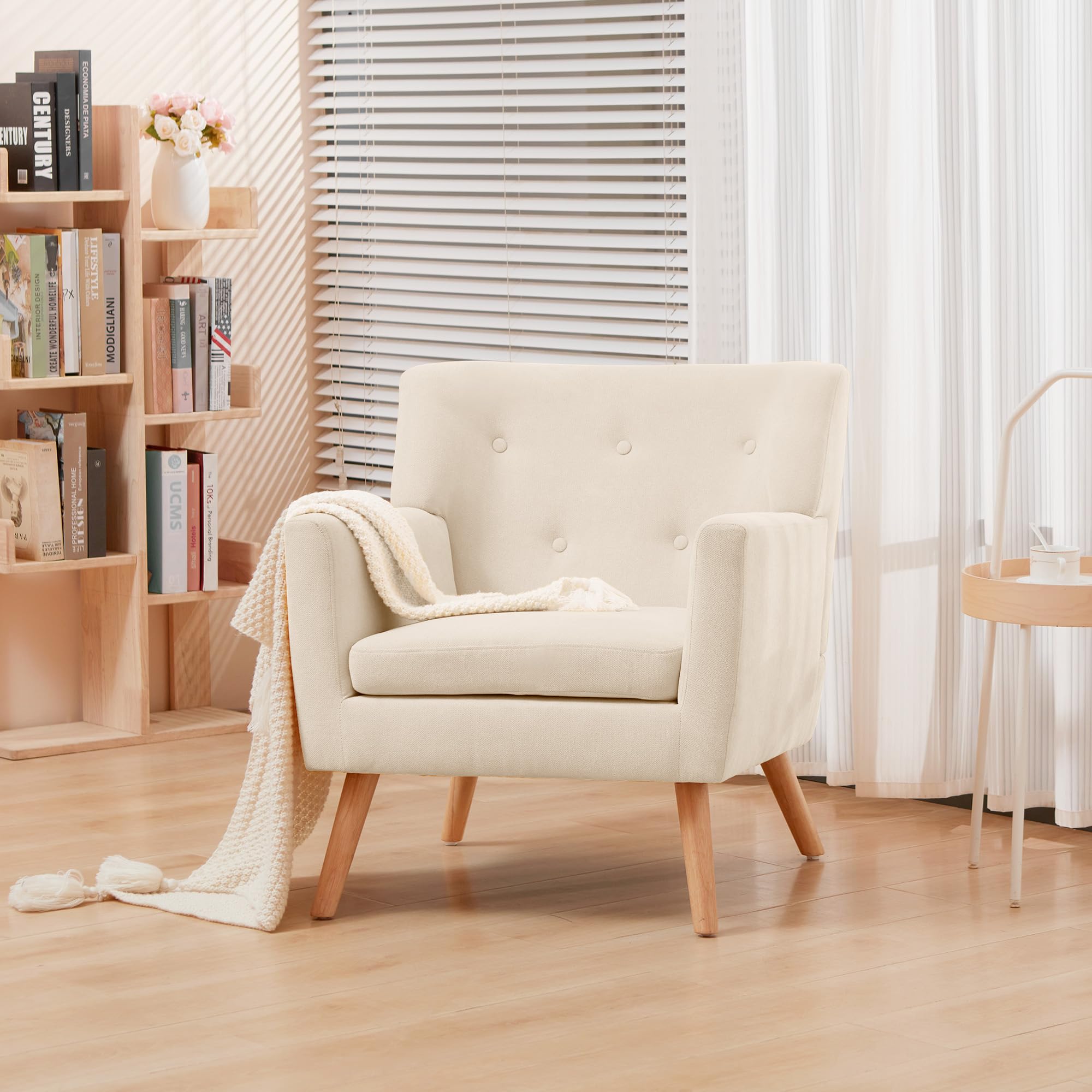 Prilinex Mid-Century Modern Accent Chair - Button Tufted Upholstered Armchair with Cushion, Comfortable Fabric Living Room & Bedroom Chair in Beige | Perfect for Reading Nooks, Lounge Areas & Waiting Rooms