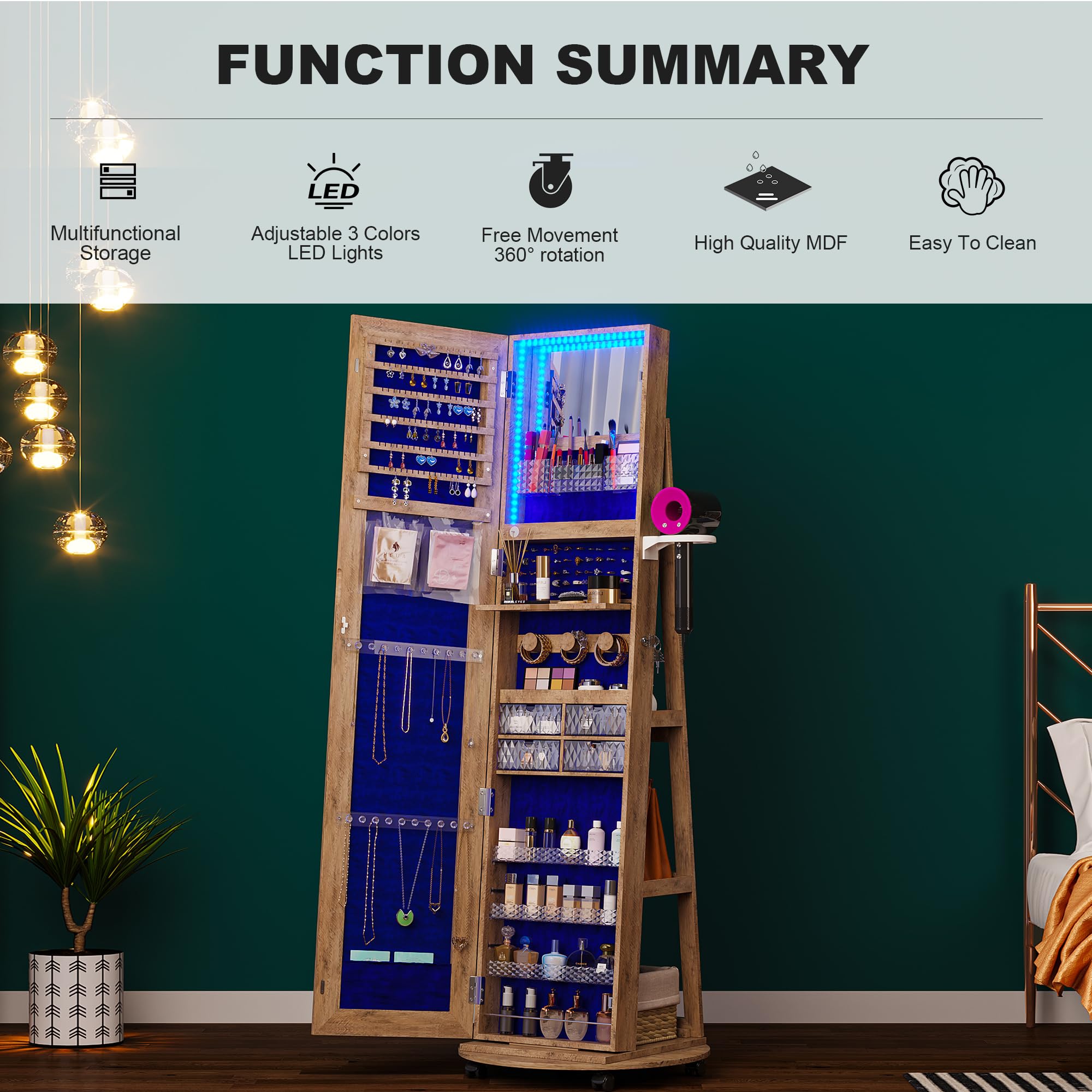 360° Swivel Jewelry Armoire with LED Mirror & Lockable Wheels - Full Length Standing Mirror with Jewelry Storage, Foldable Makeup Shelf & Wooden Organizer Cabinet - Perfect for Bedroom, Closet & Dressing Room Organization