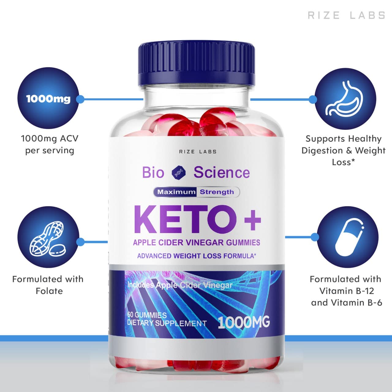 Bio Science Keto Plus Gummies for Weight Loss - Extra Strength Fat Burner with Apple Cider Vinegar, Advanced Formula Keto Supplement (60 Count) | Supports Ketosis, Energy Boost & Appetite Control for Active Lifestyle