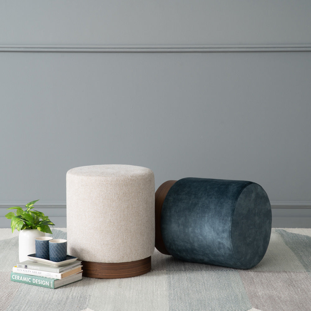 AURA 37.5cm Ottoman Storage Bench with Sapphire Blue Upholstery and Walnut Wood Legs - Perfect for Living Room, Bedroom or Entryway Seating and Storage