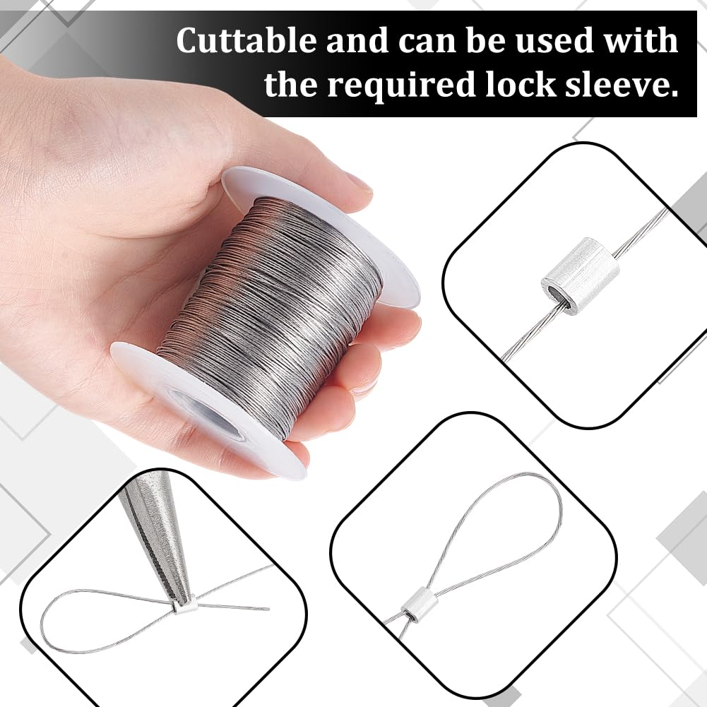 PH PandaHall 328 Feet 0.5mm Heavy Duty Stainless Steel Picture Hanging Wire - 304 Stainless Steel Photo Frame Wire with 30 Aluminum Crimping Loop Sleeves (9.7LB Load Capacity) - Perfect for Hanging Mirrors, Frames, and Wall Decor