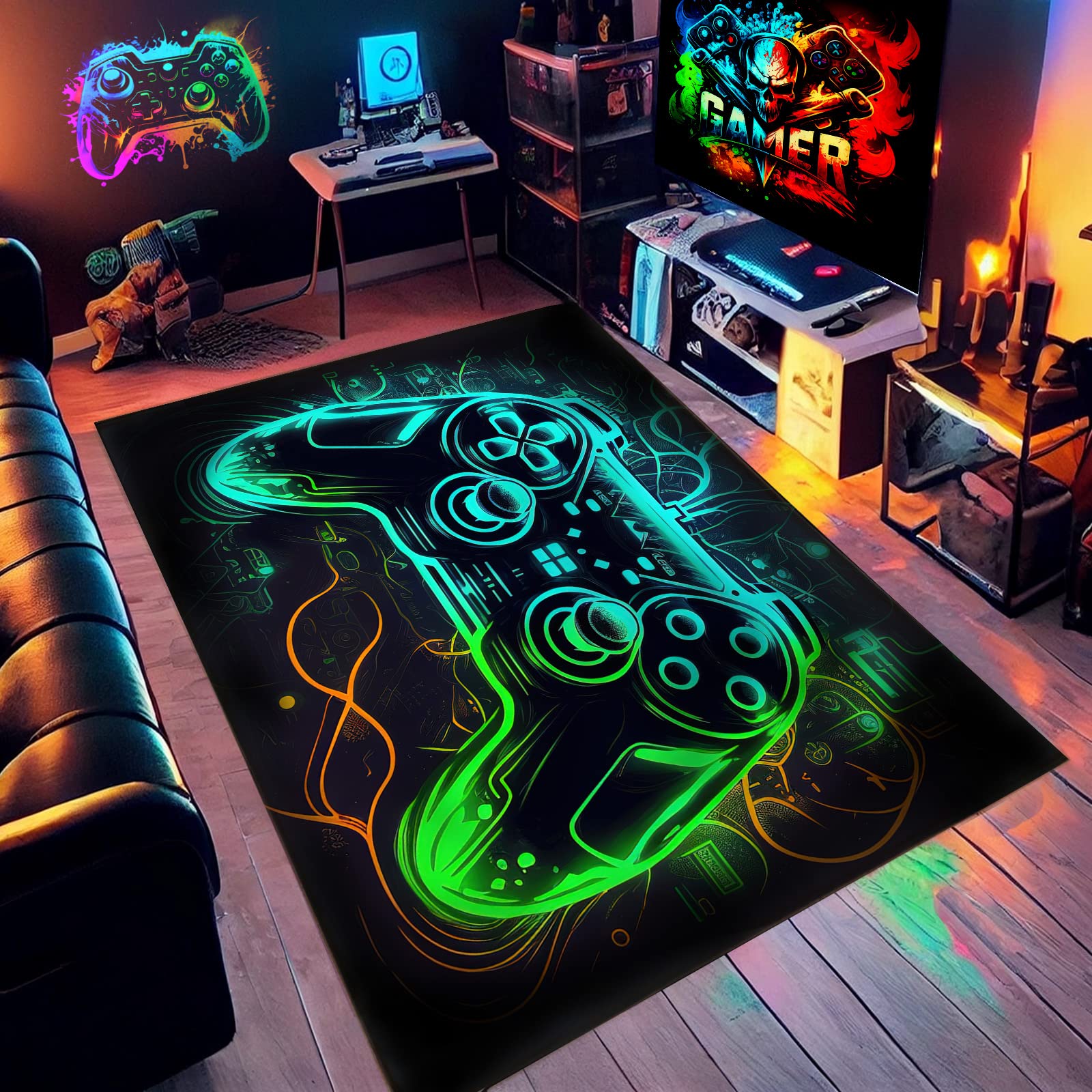 Colorful Game Controller Design Gaming Rug - 36x24 Inches for Game Room, Boys Bedroom, Living Room Decor | Perfect for Gaming Setup, Man Cave & Teen Room
